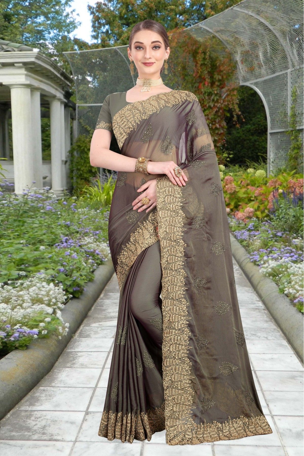 Dark Grey Georgette Embroidered Saree