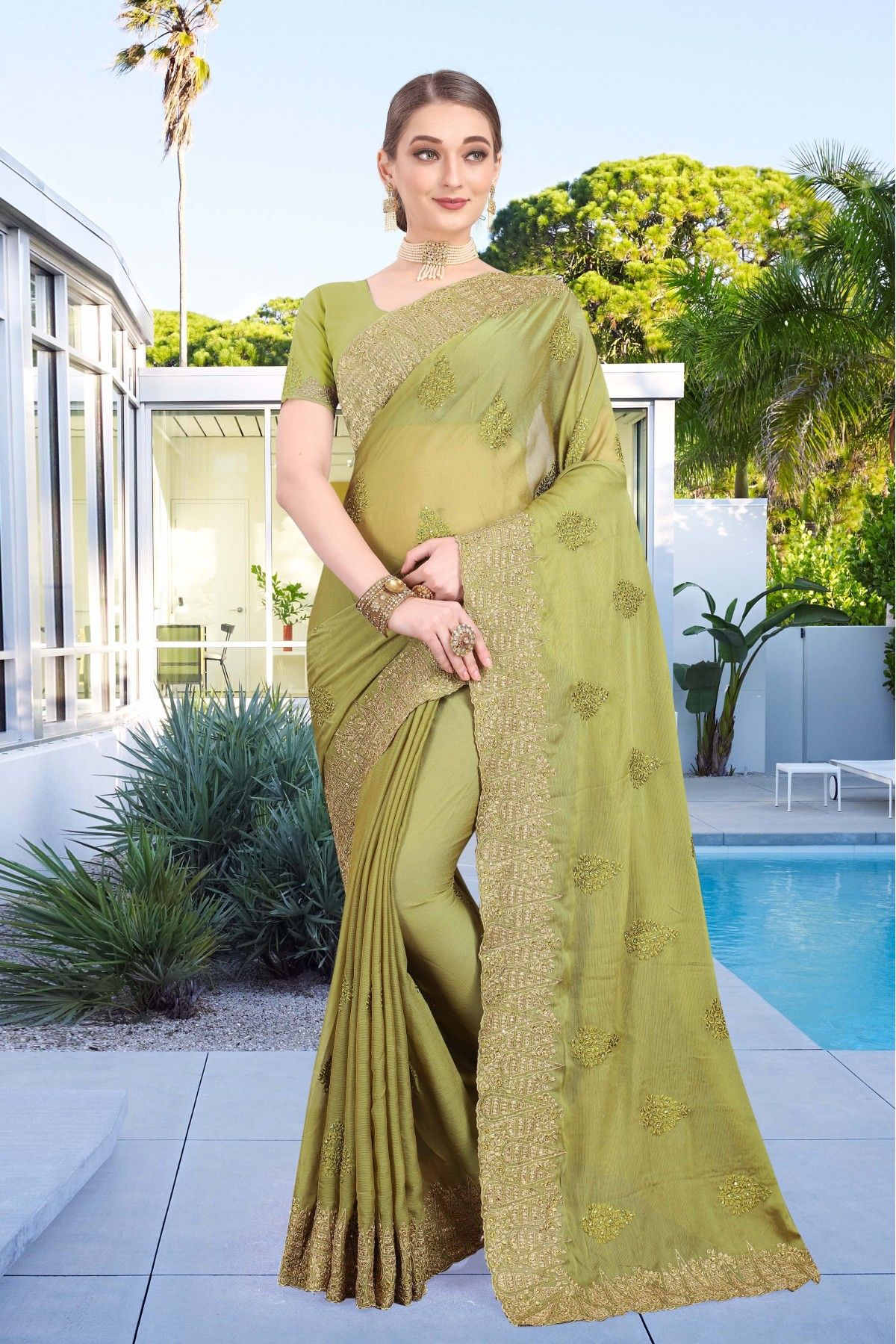 Firozi Green And Parrot Green Crepe Silk And Net Saree With Art Silk Blouse  - DMV10189