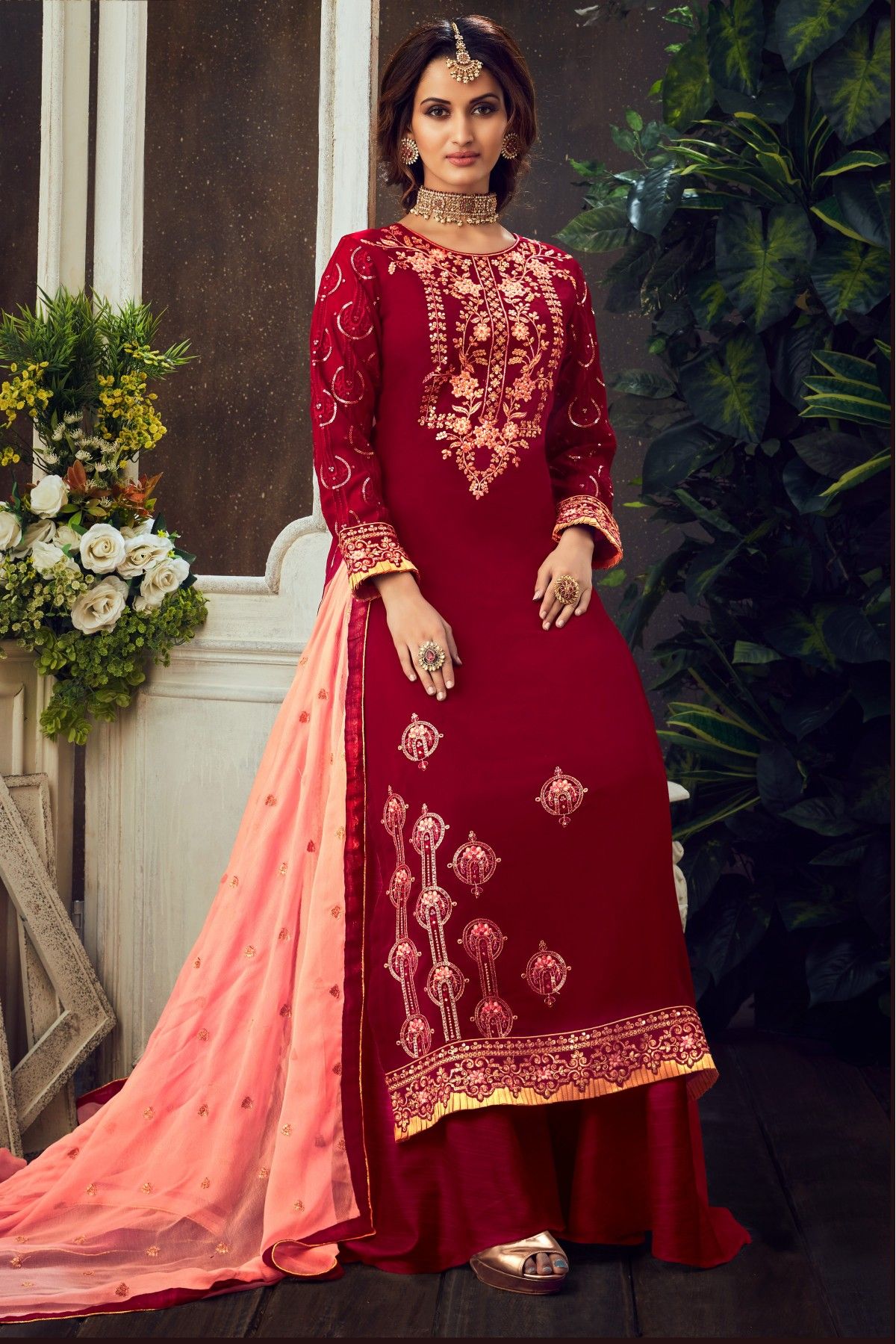 Red Floral Embroidered Crepe Patiala Suit
