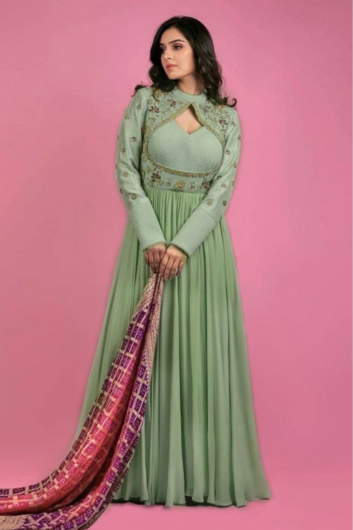 Green Color Cotton Fabric Gown – Kaleendi