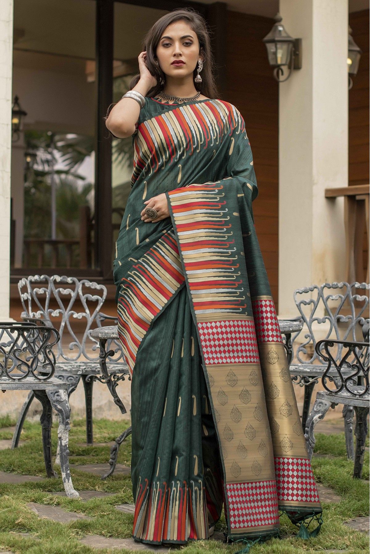 Zardozi Work Dark Green Women Silk Sarees, 6 m (with blouse piece) at Rs  455/piece in Surat