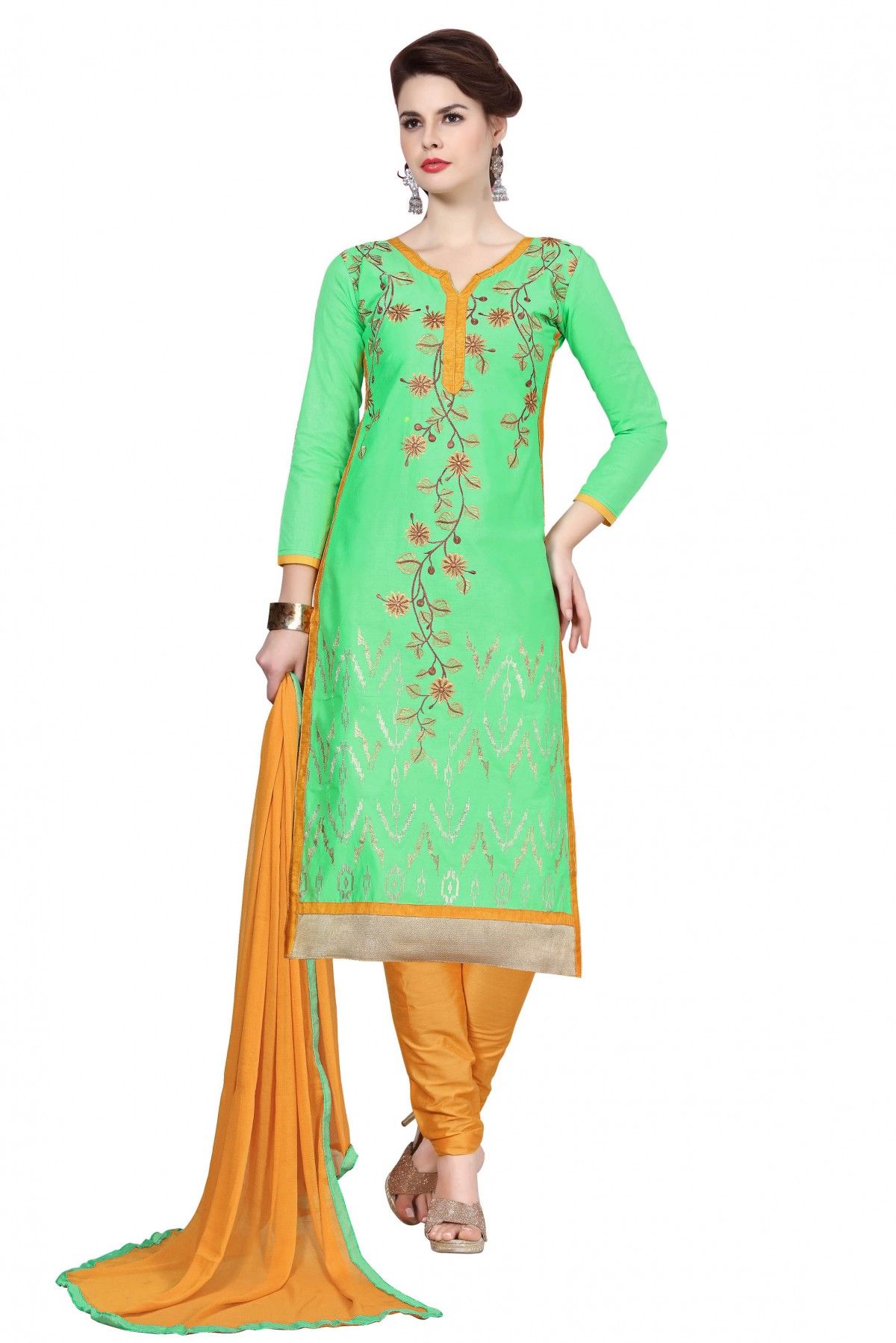 Sea Green And Orange Glazz Cotton Churidar Suit