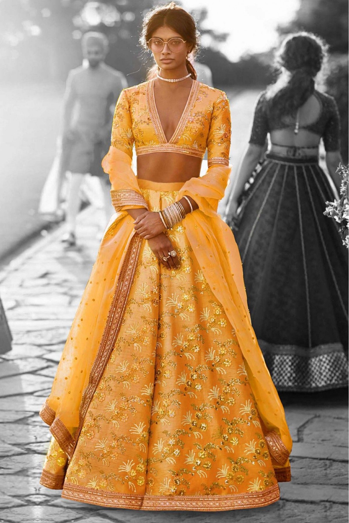 Sangeet Wear Glamorous Embroidered Net Lehenga Choli In Mustard Color |  Designer bridal lehenga, Bridal lehenga choli, Lehenga choli