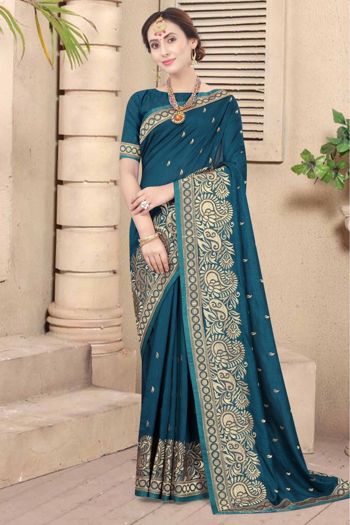 Vichitra Silk Embroidery Saree In Bottle Green Colour