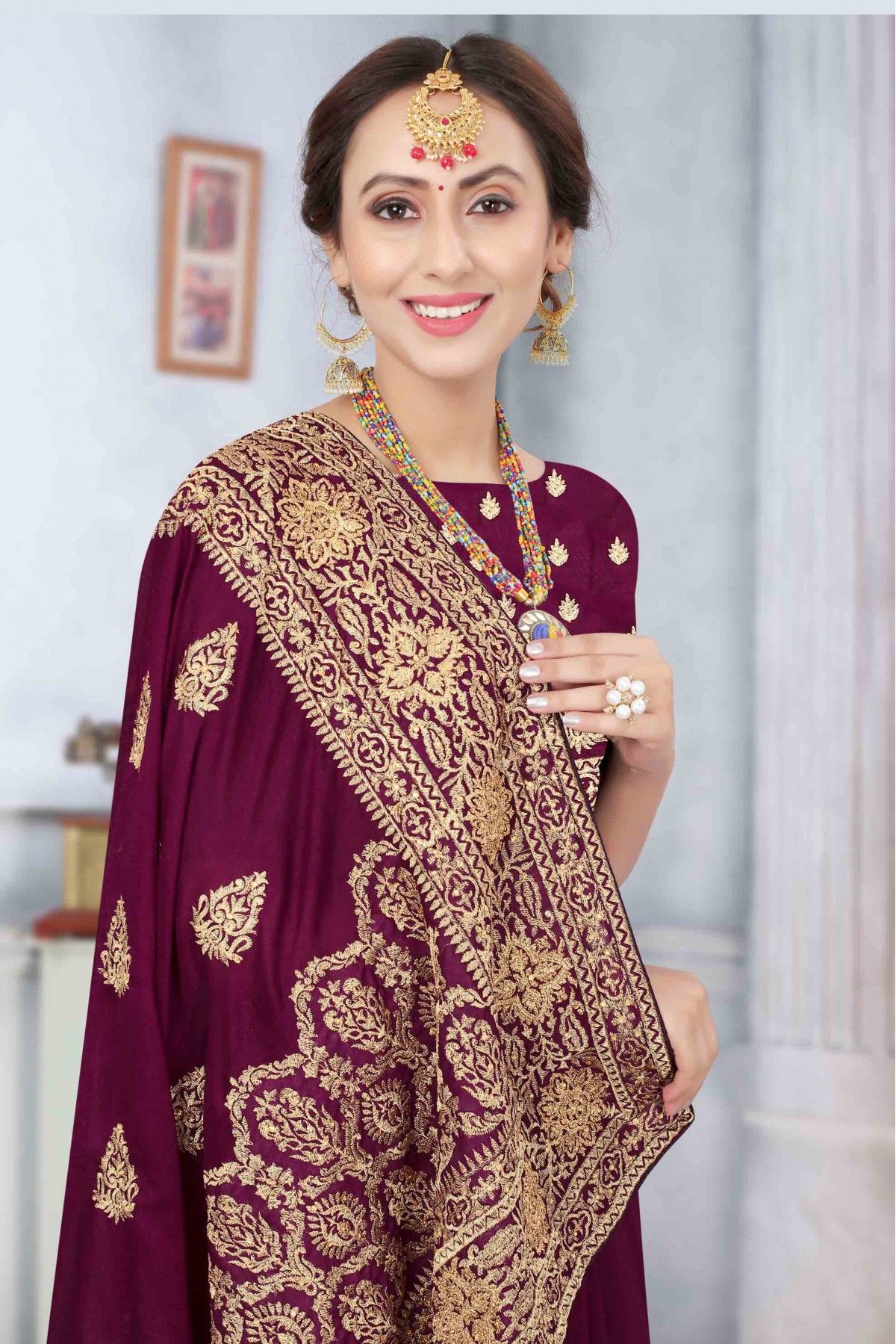 Soft Banarasi Silk Wine Jacquard Reception Wear Designer Saree – Rajyogam