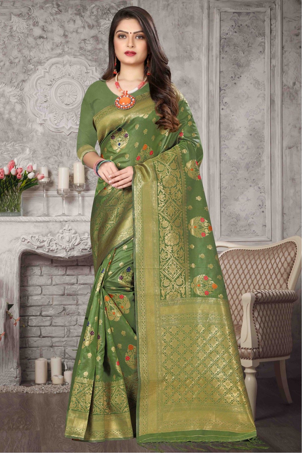 Vichitra Silk Embroidery Saree In Bottle Green Colour