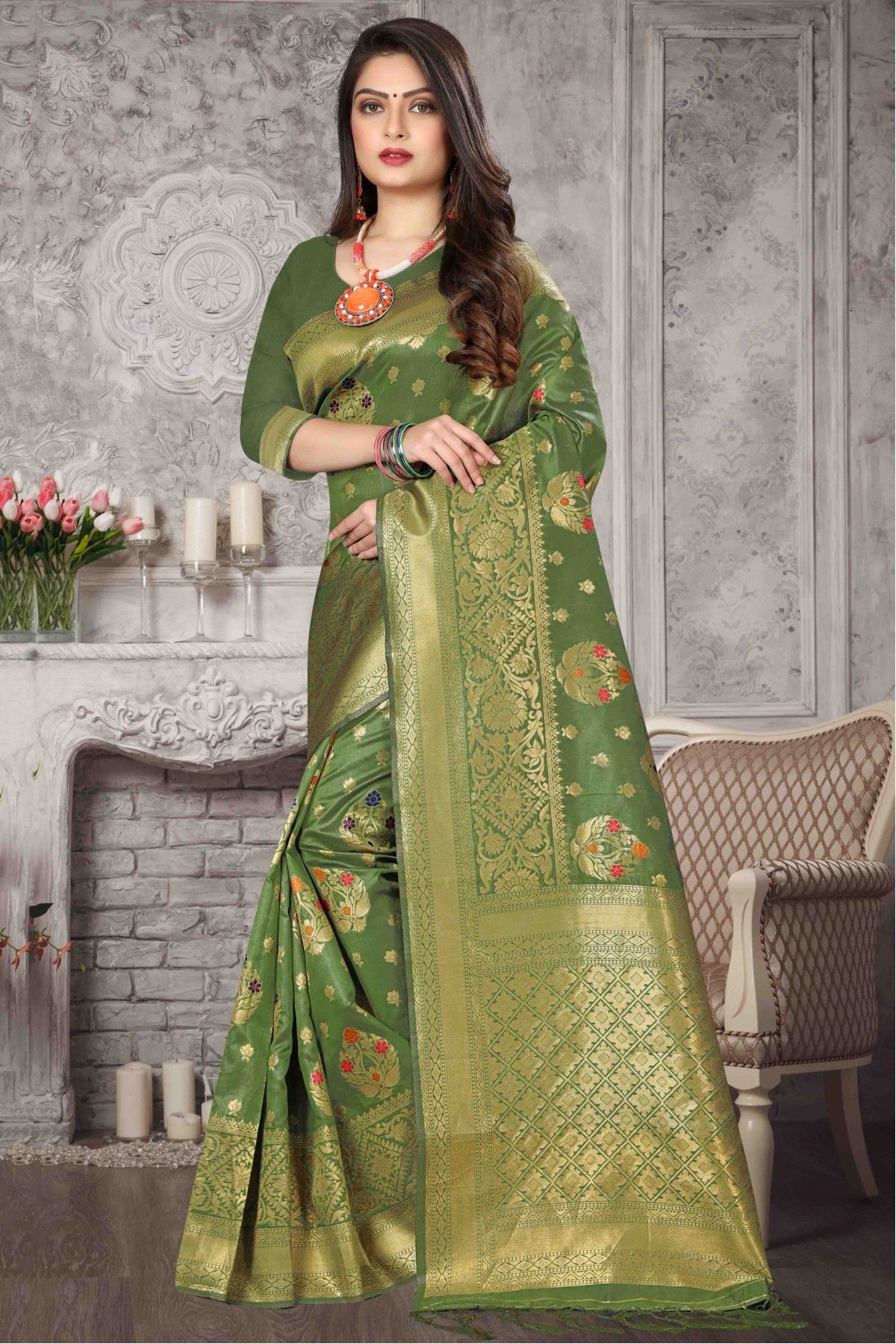 Green Color Plain Cotton Mehndi Saree