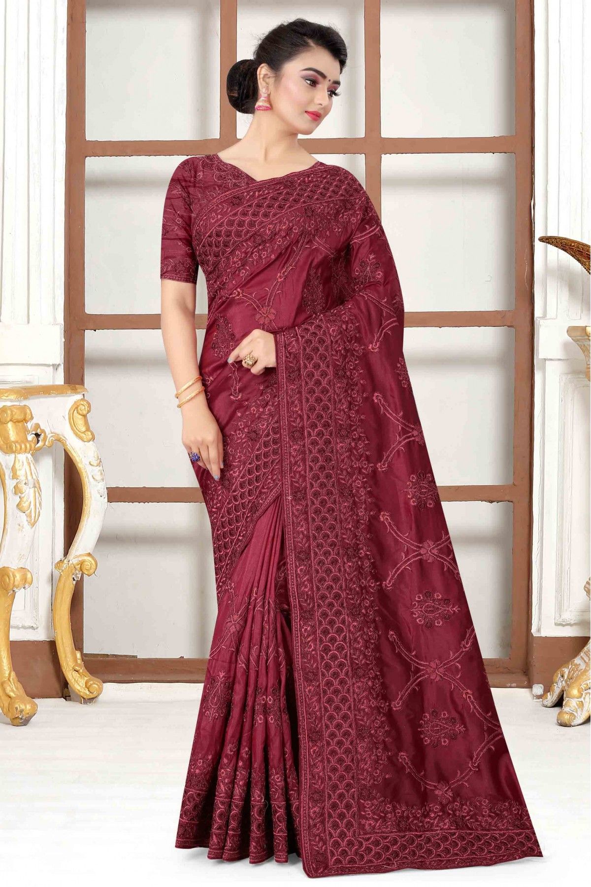 Engrossing Maroon Colour Banarasi Pure Soft Silk Saree – TheDesignerSaree