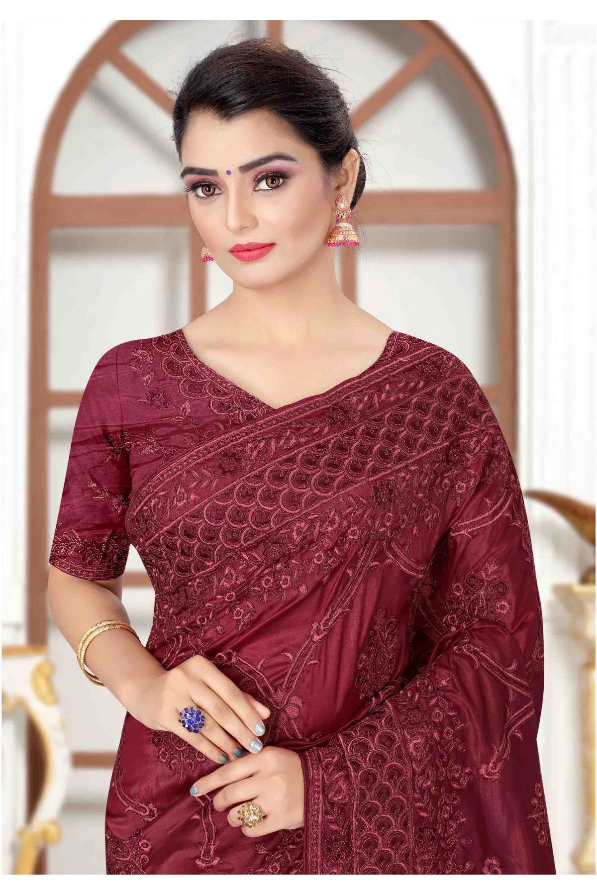 Silk Maroon Designer Saree