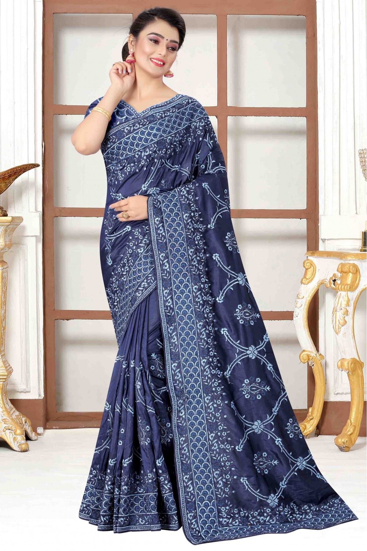 Rich Blue Embroidered Designer Silk Saree - Urban Womania