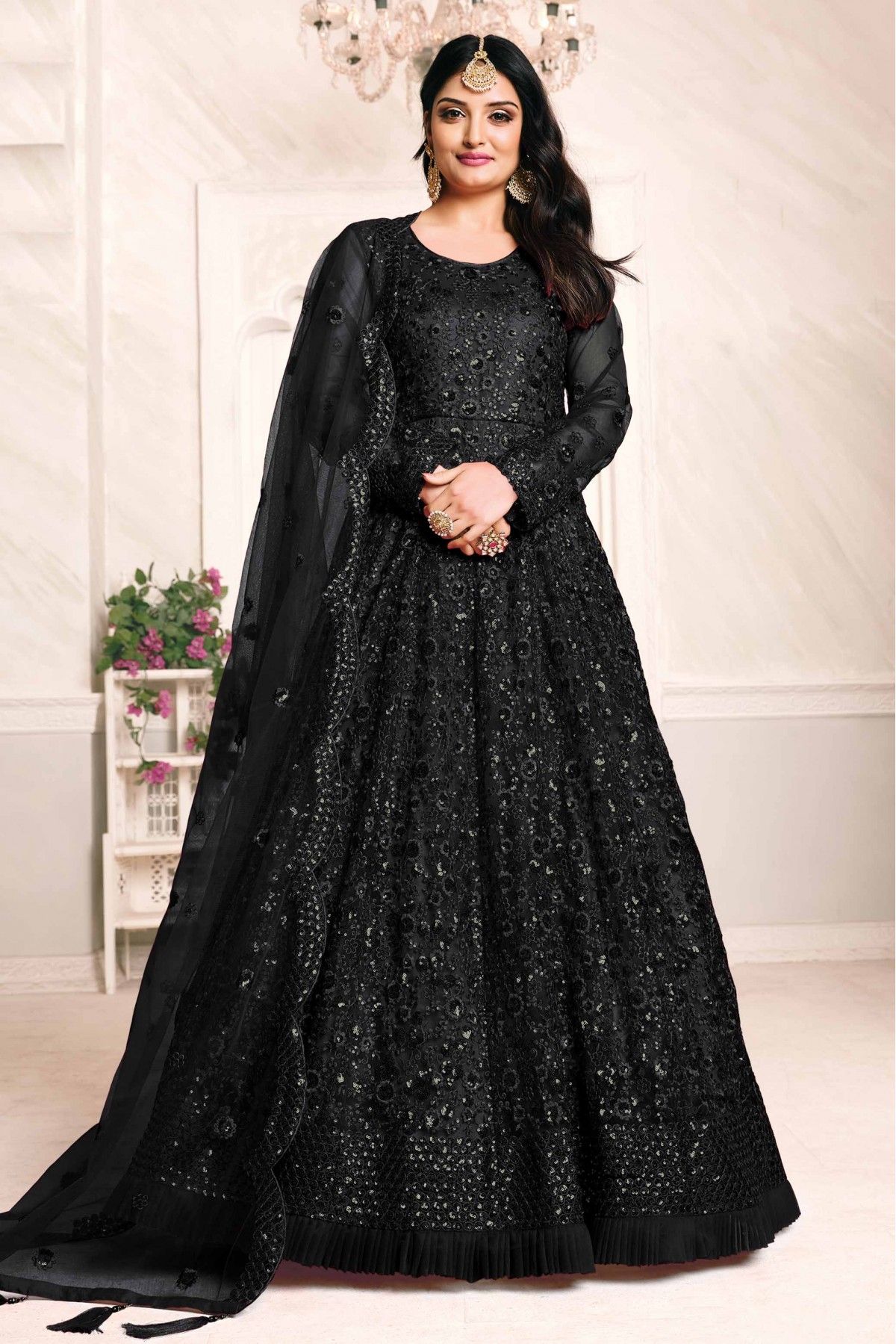 Black Colored Georgette Anarkali Suit With Dupatta - Anarkali Dresses -  Salwar Suits - Indian