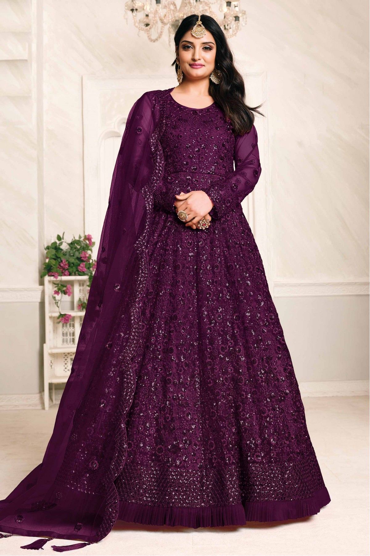 Buy Women Sangria Purple Sequin And Zari Embroidered Tiered Anarkali Suit  Set With Churidar And Dupatta - Feed Luxe Anarkali - Indya