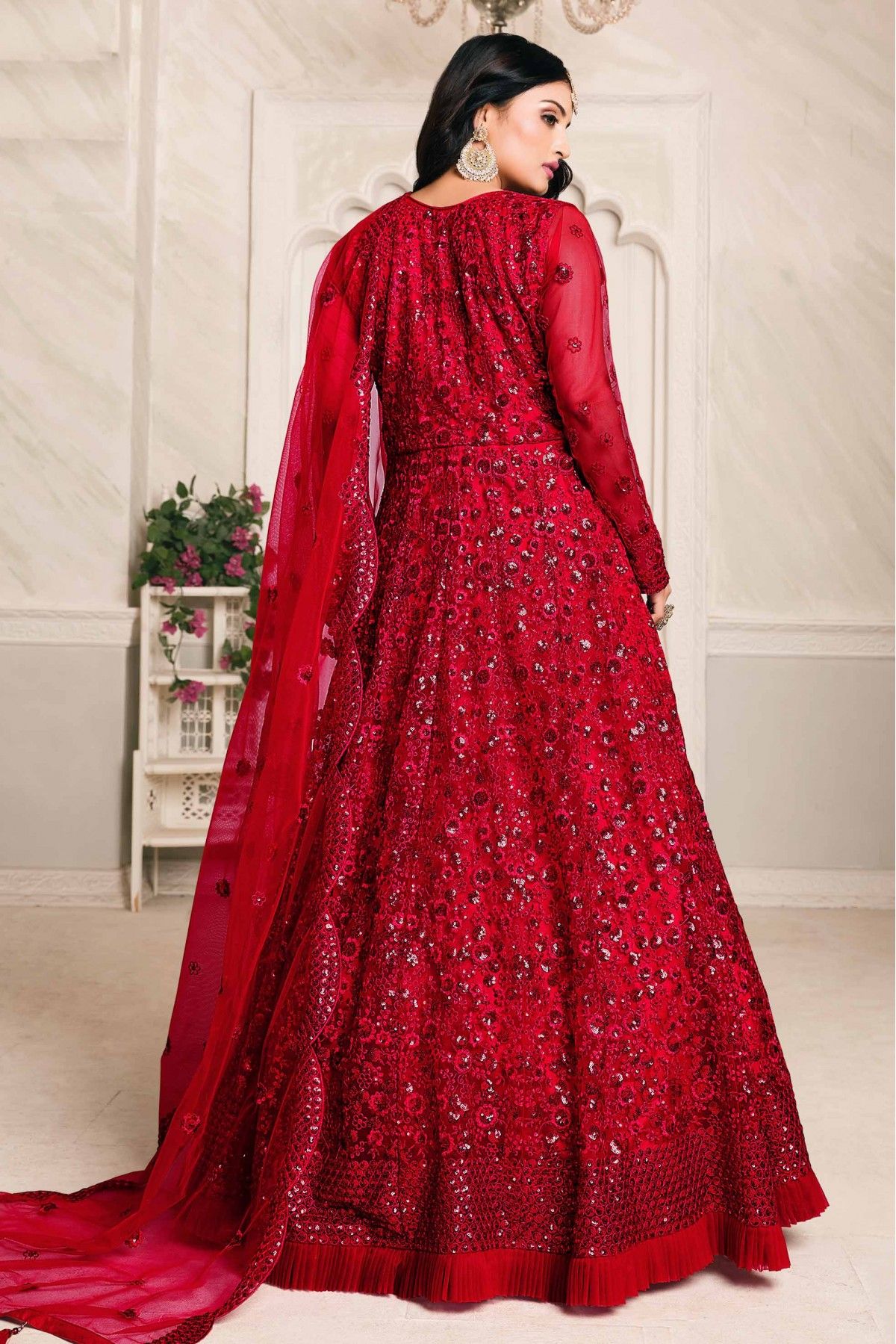 Red Cotton Crushed Anarkali Set