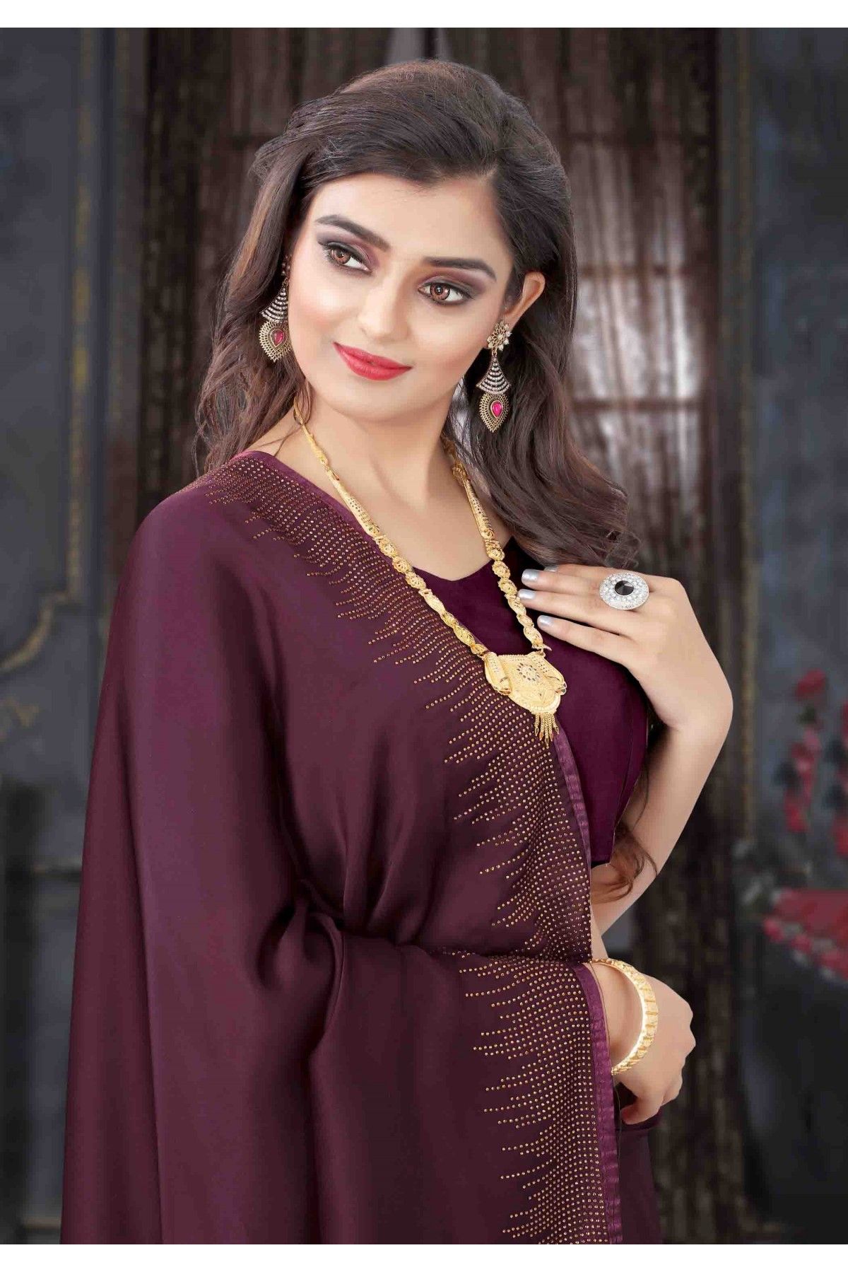 Buy Wine Satin Embroidered Ready To Wear Saree With Unstitched Blouse Piece  - Nandika Online at Best Price | Distacart