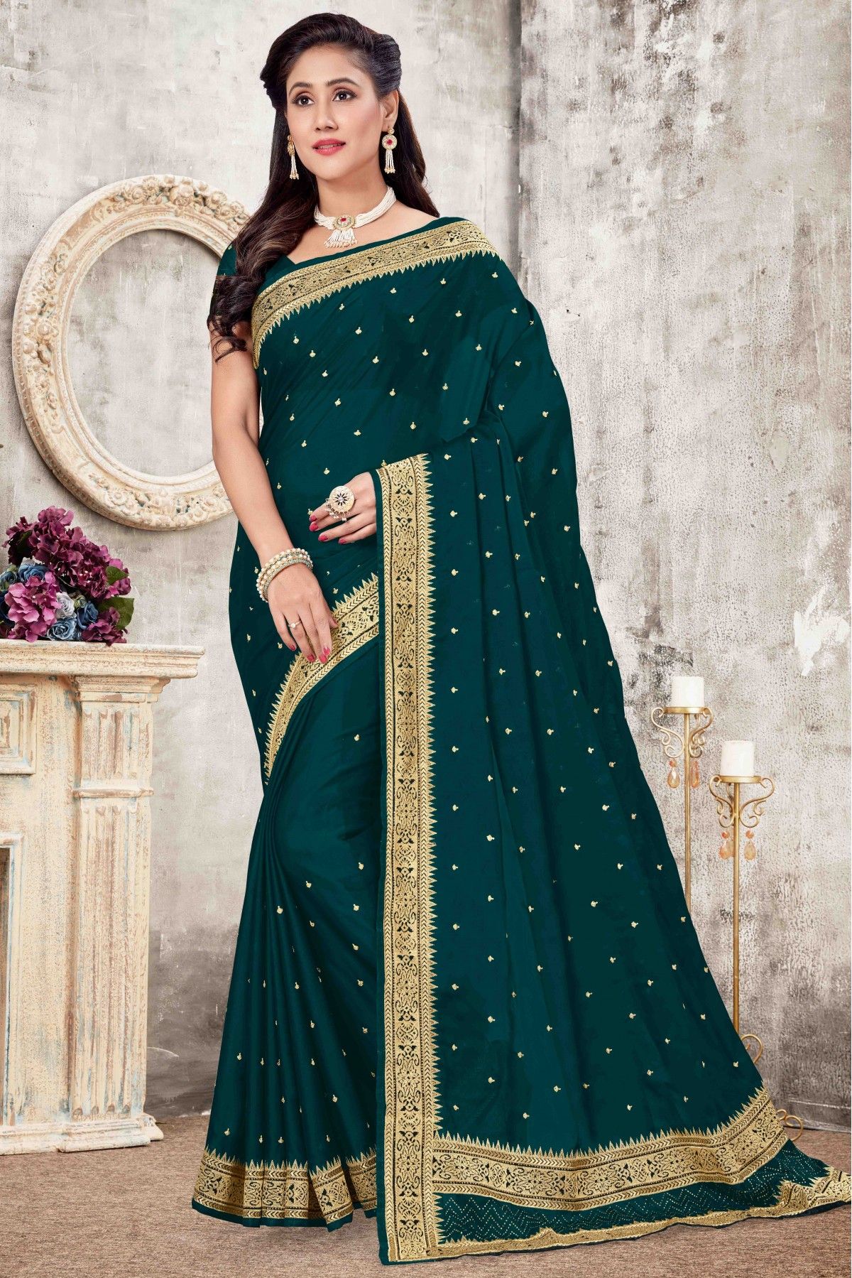 Teal Green Saree with Contrast Blouse Designer