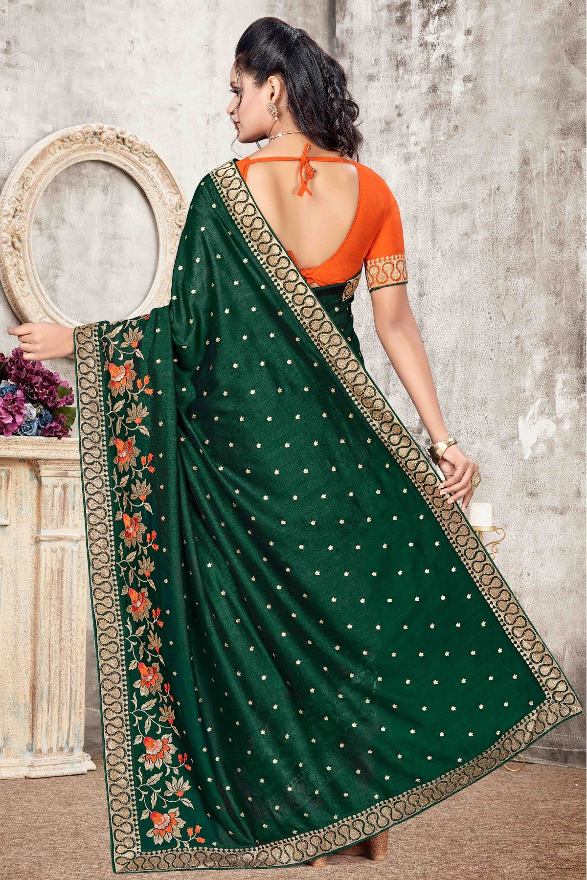 Green colour vichitra silk heavy work saree