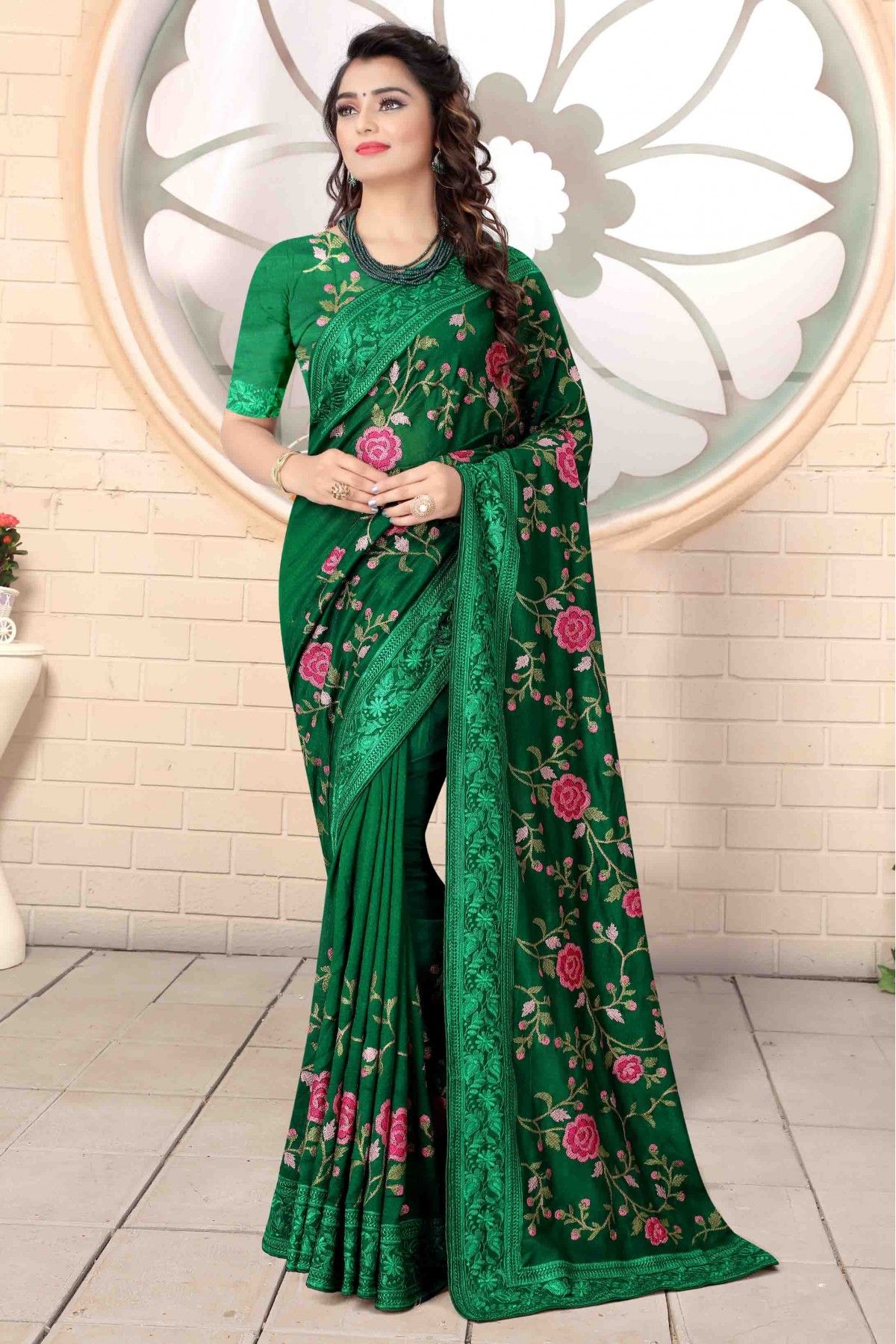 Pista Green Color Vichitra Silk Casual Party Wear Saree - 2539140080