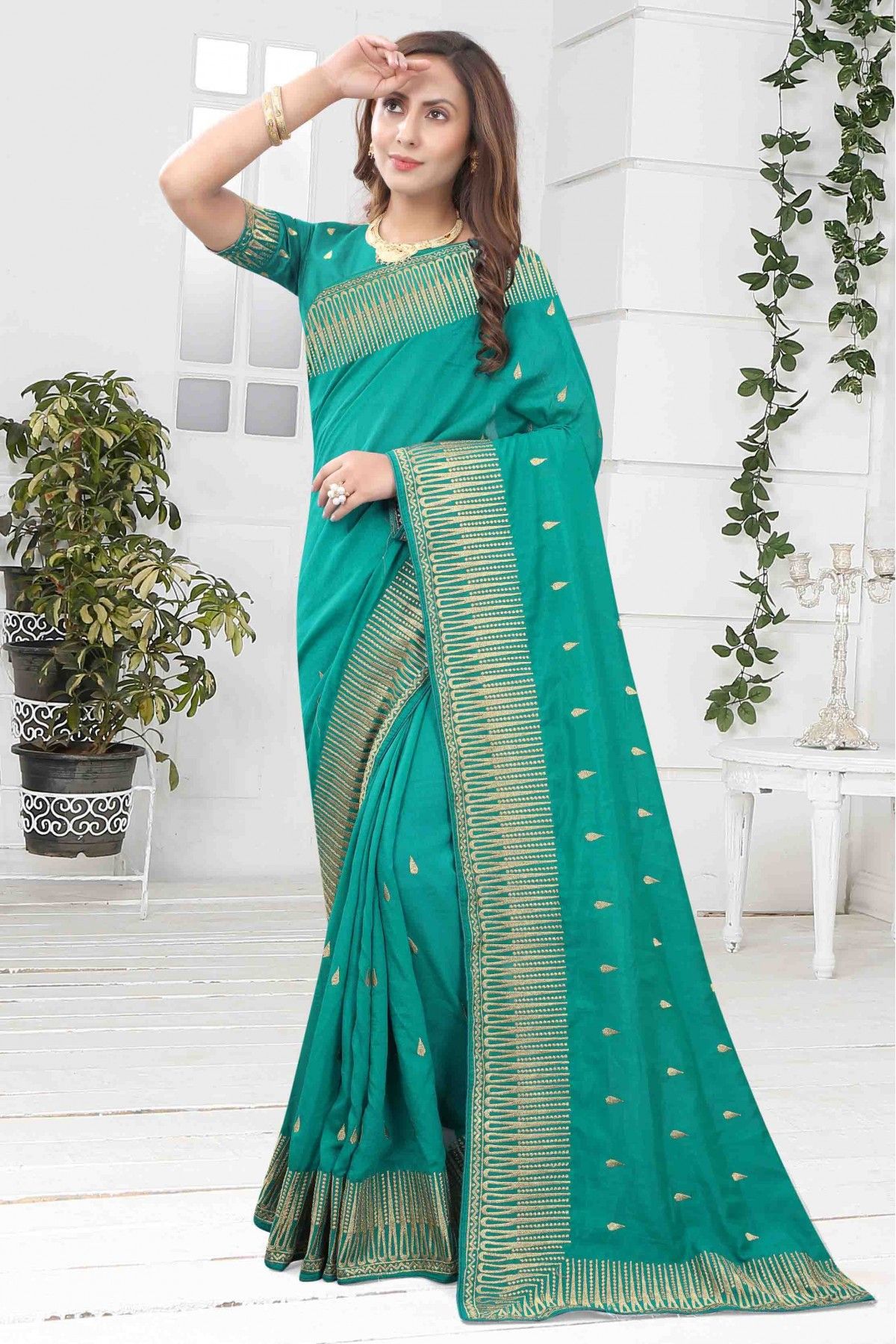 Bridal, Engagement, Wedding Blue, Green color Viscose fabric Saree : 1914448