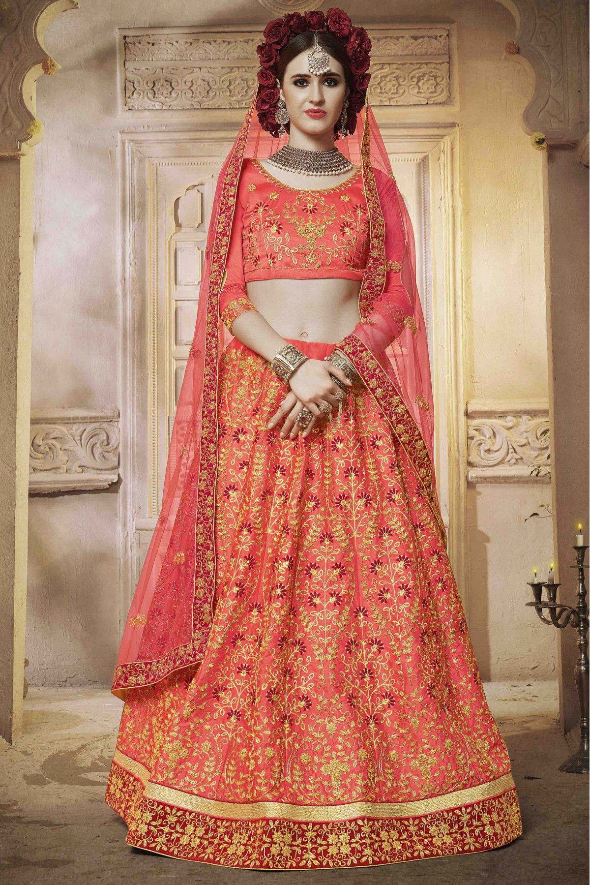 Pure Net Lehenga Choli With Heavy Thread Embroidery with Cut, Mirror and  Zarkan Work LD01353095