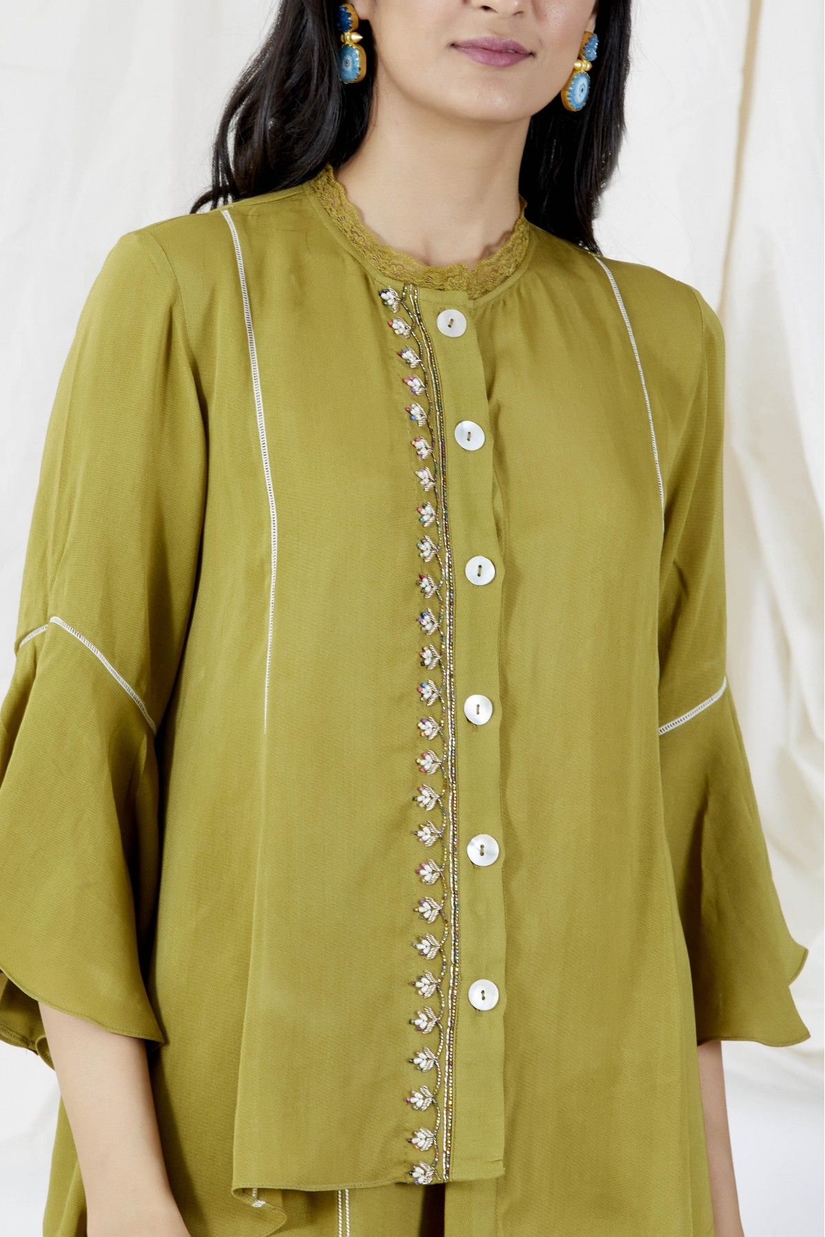 Devyani Mehrotra Green Pearl Leaf Asymmetrical Shirt Set