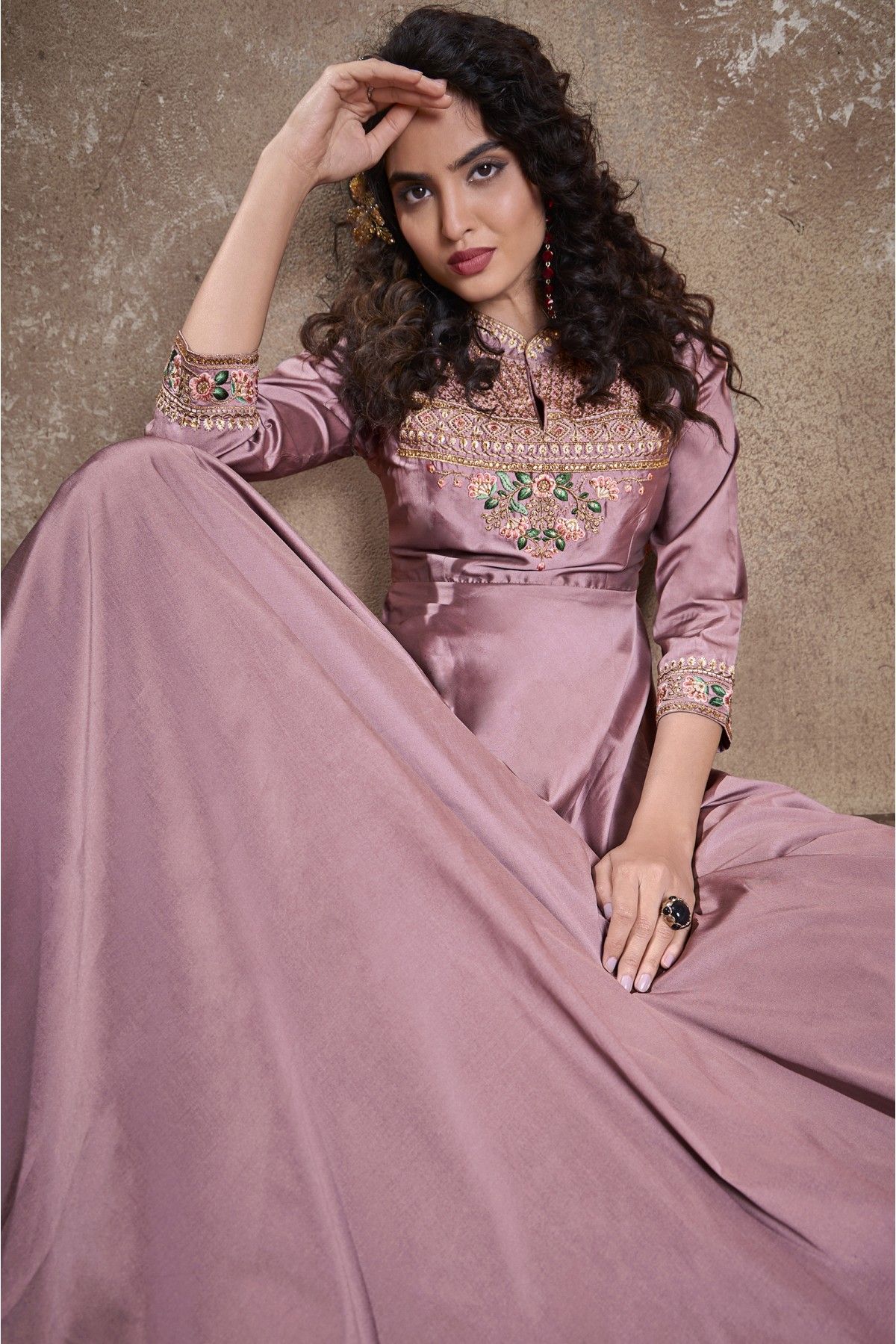 Silk Embroidery Gown In Light Pink Colour