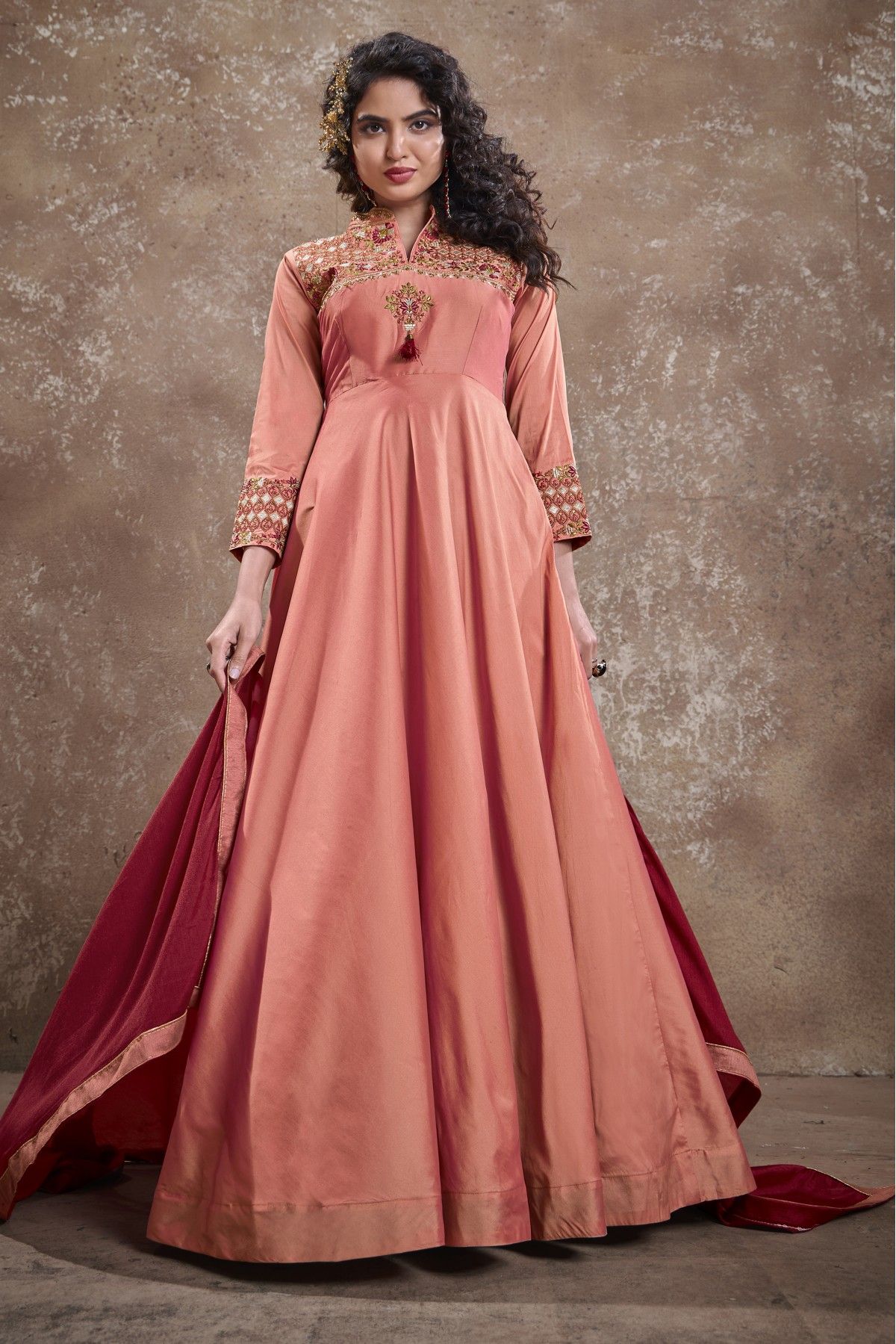 Peach Casual Wear Embroidered Georgette Dress