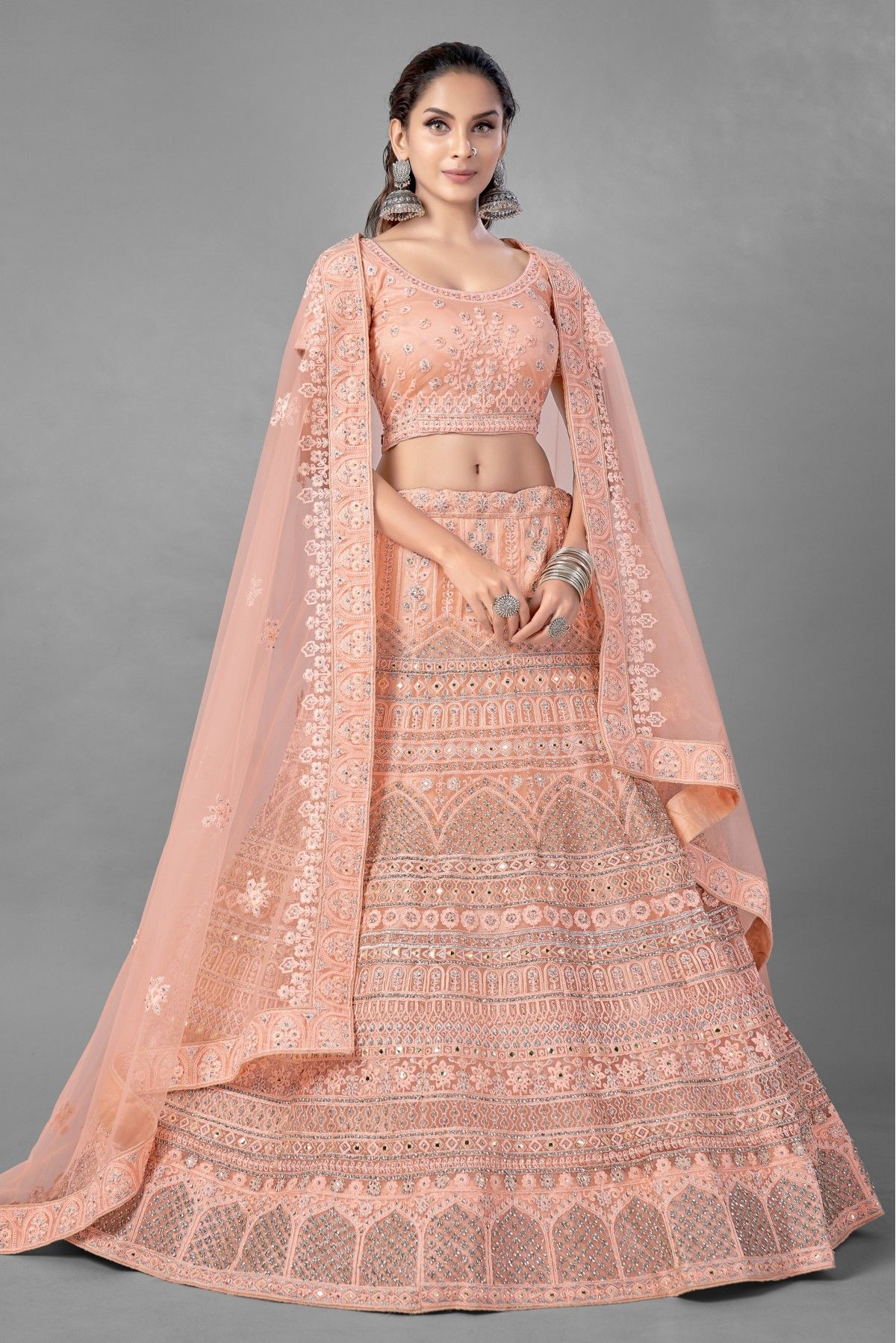 Peach Sequins Jacquard Designer Lehenga Choli