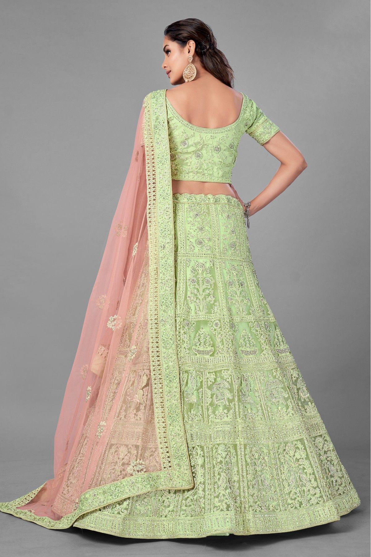 Buy Women's Pista Green Soft Net Heavy Embroidered Lehenga - Myracouture  Online at Best Price | Trendia.