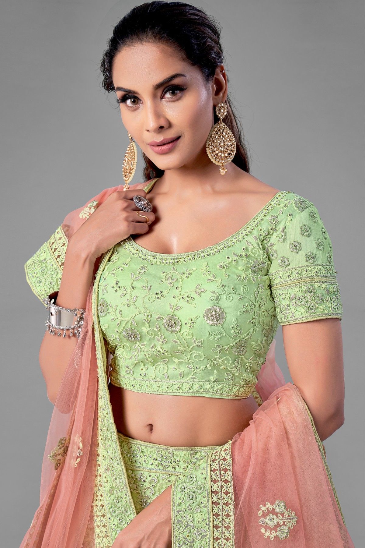 Soft Net Embroidery Lehenga Choli In Pista Green Colour - LD4900029