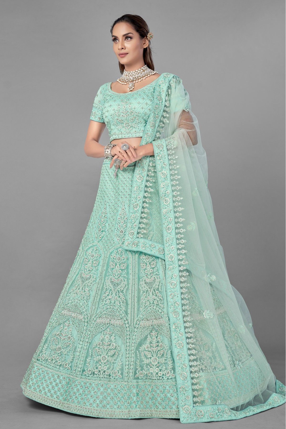 Step Out In Style Lehenga In Mint Green Embroidered Fabric LLCV09131