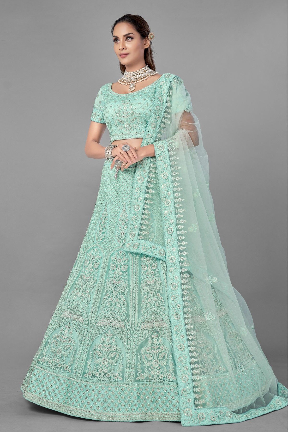 Net Sea Green Zari Lehenga Choli – Mindhal