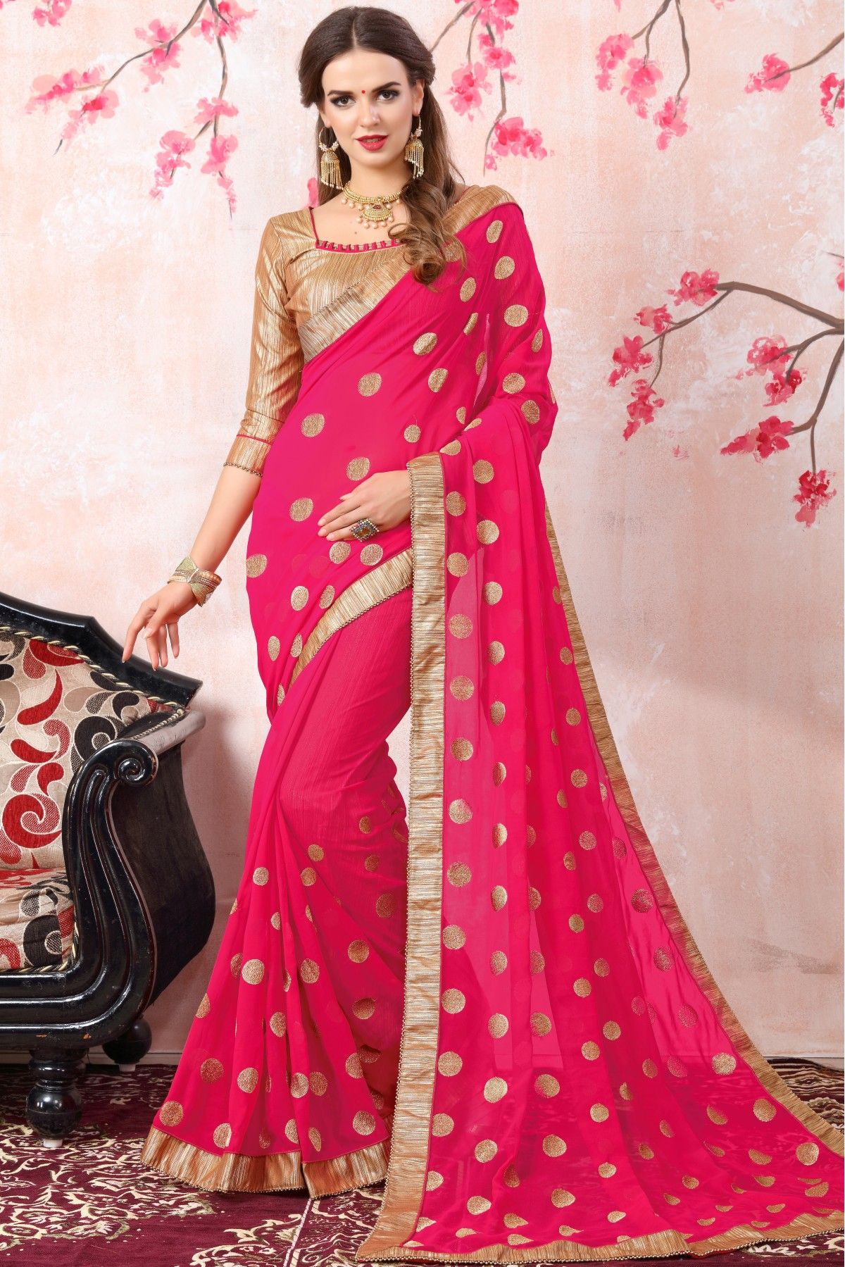 magenta silk saree with embroidered blouse 10406