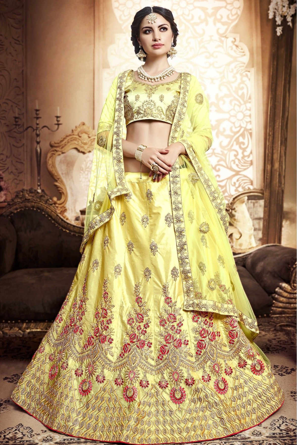 Light Yellow Embroidered Sequins Mono Net Designer Lehenga Choli Party Wear  | eBay