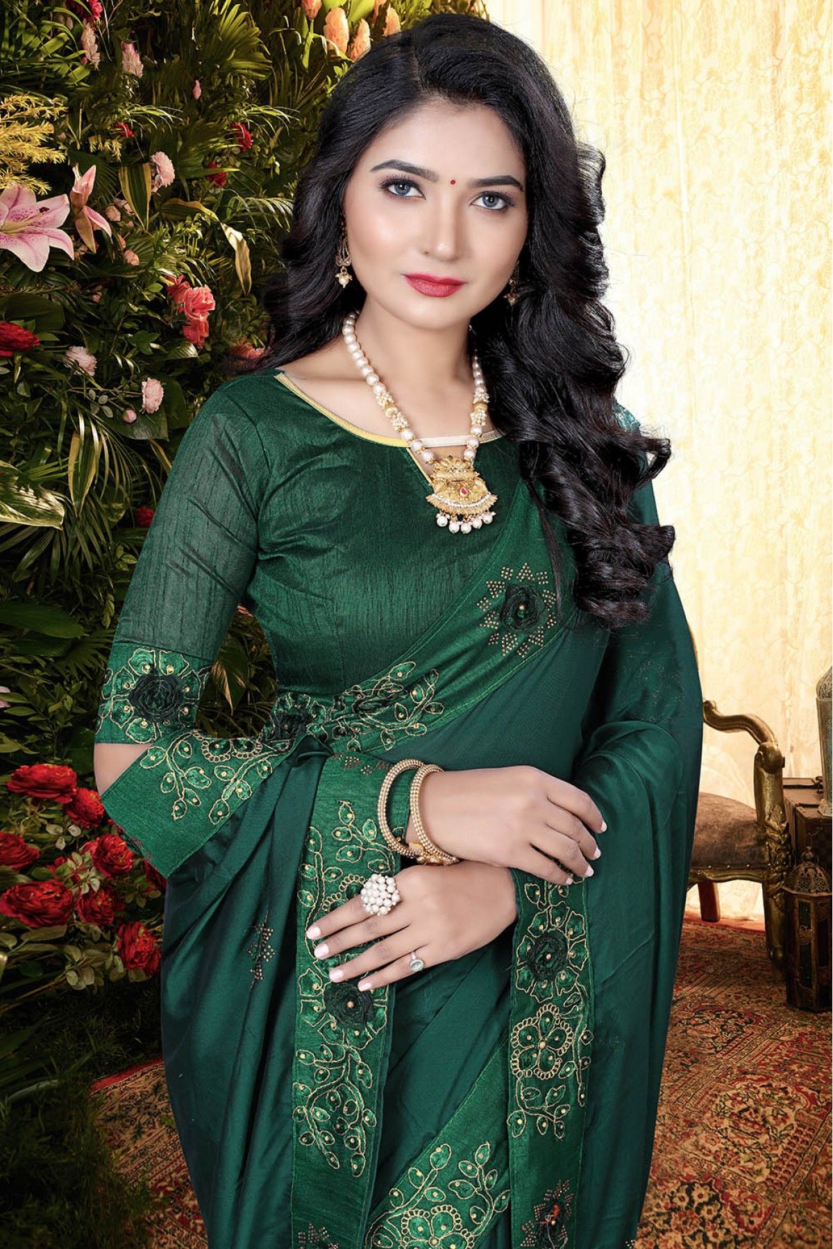 Buy Dark Green Sequins Georgette Designer Saree From Ethnic Plus