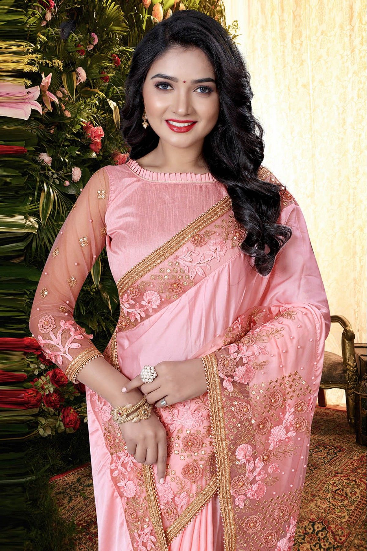 Light pastel pink color designer saree