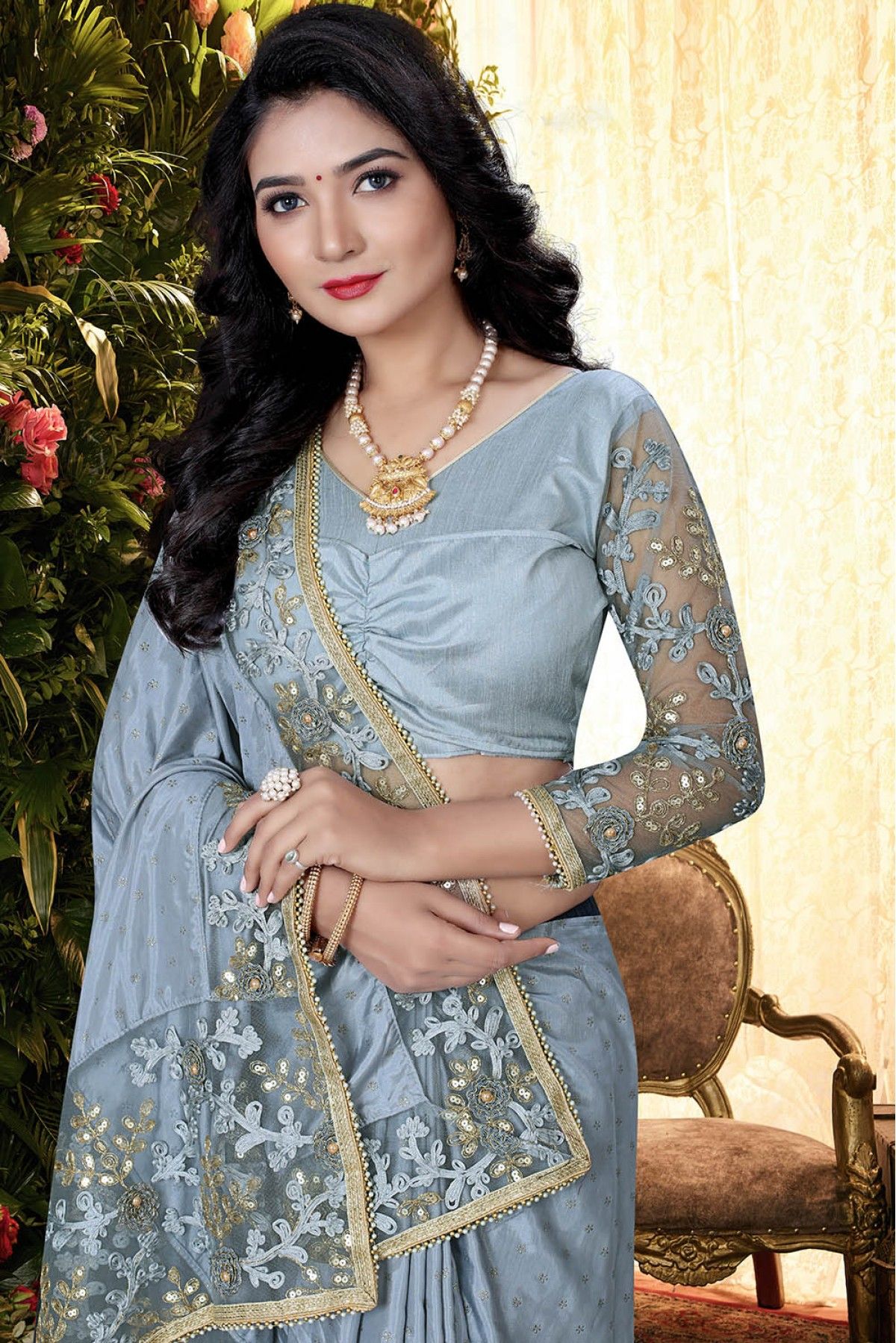 Women's Party Wear Superb Sky Blue Color Pleating Work Saree