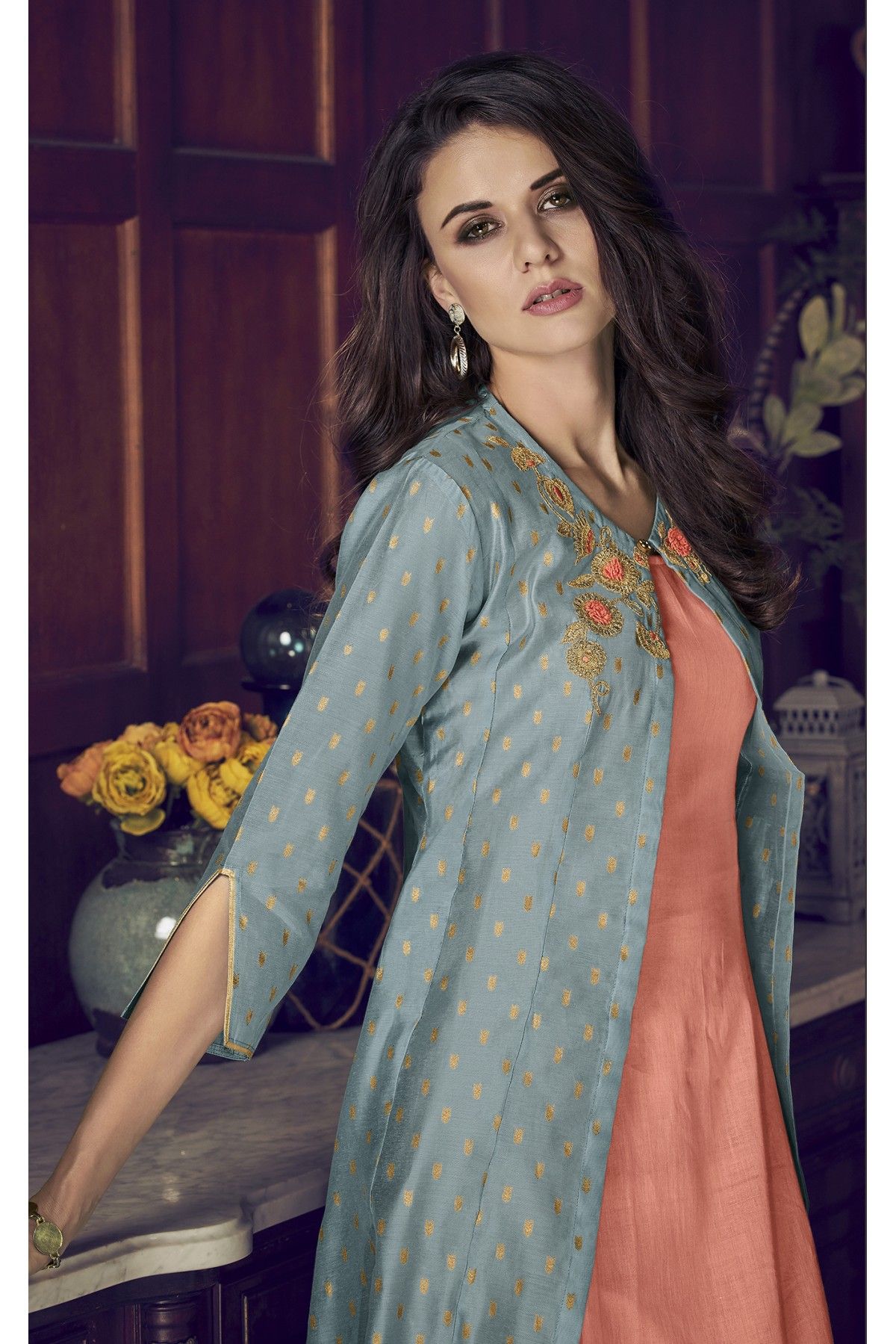 Buy Peach and Rose Pink Banglori Silk Jacket Style Suit Online