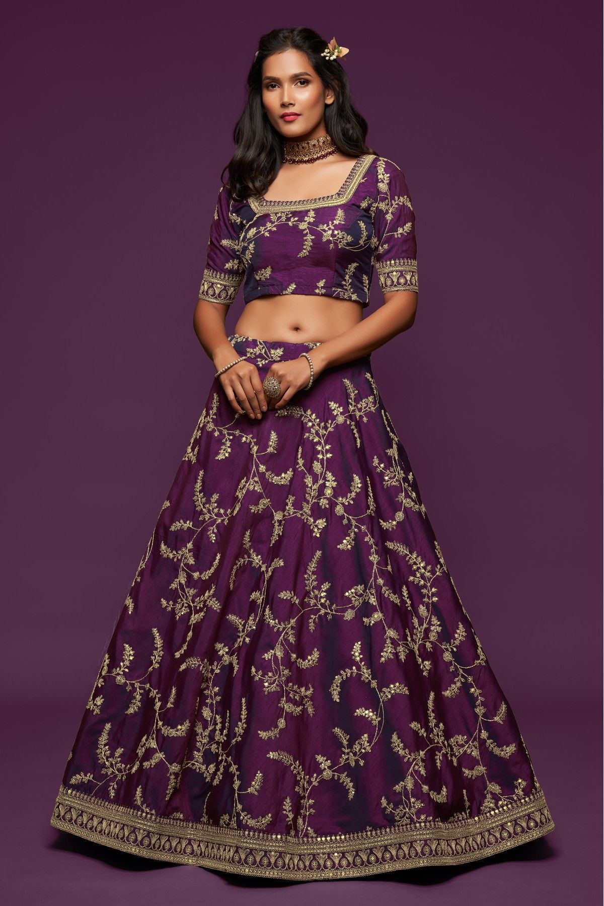 Purple satin sequins work lehenga choli 6812