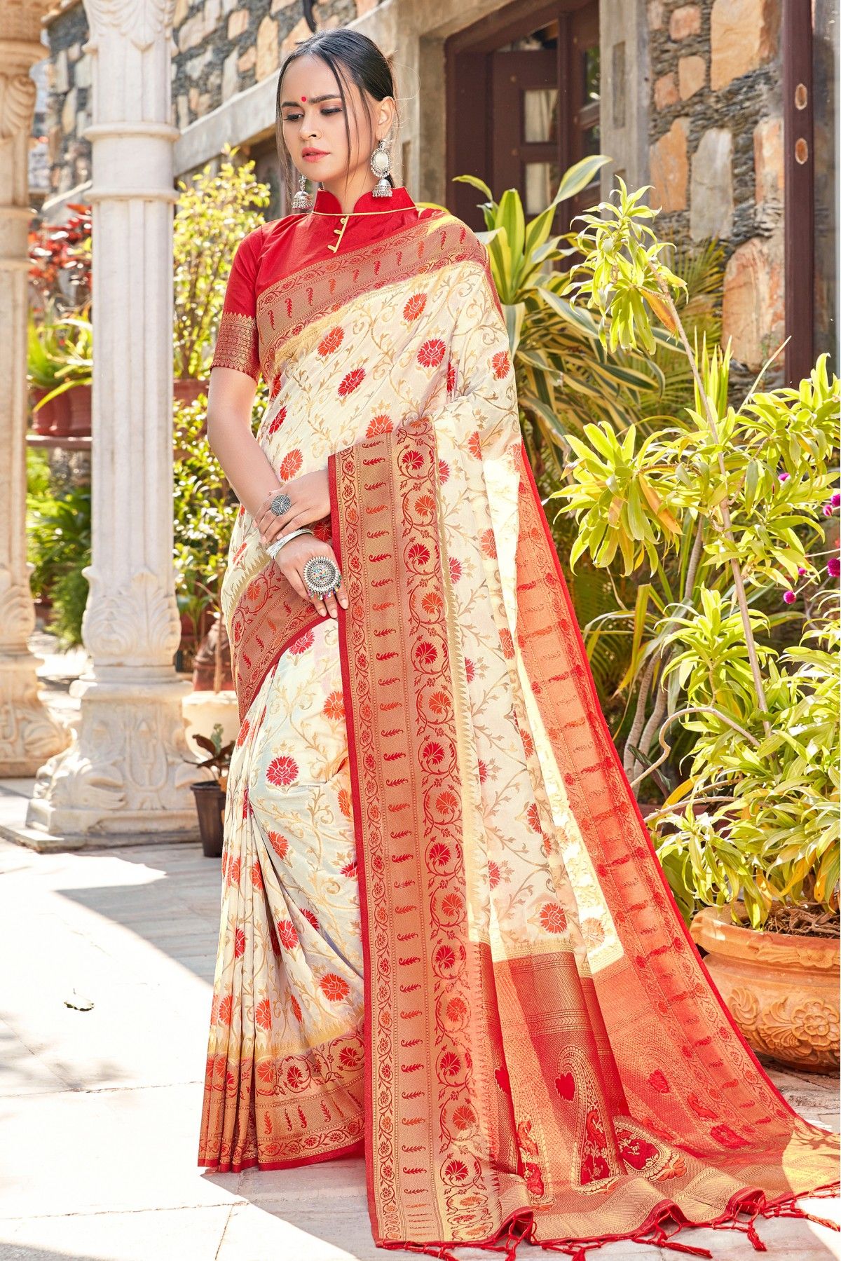 Pure Banarasi Silk Saree In Mustard & Cream Color With Embroidery Work -  Bridal Banarasi Saree - Saree