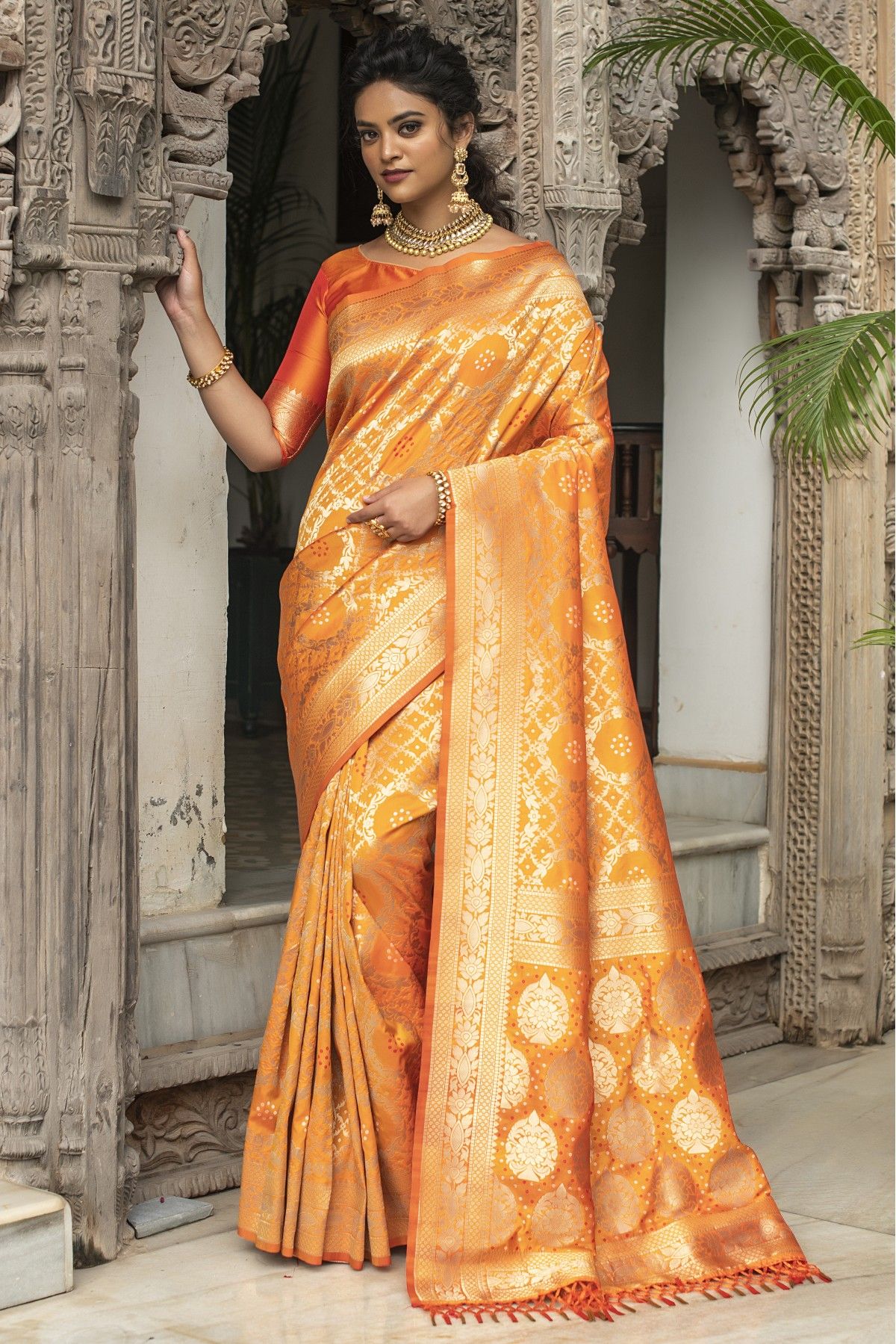 Buy Refreshing Orange Color Beautiful Zari Contrast Peacock Elephant Design  Rich Pallu Silk Banarasi Saree Blouse For Occasion Wear | Lehenga-Saree