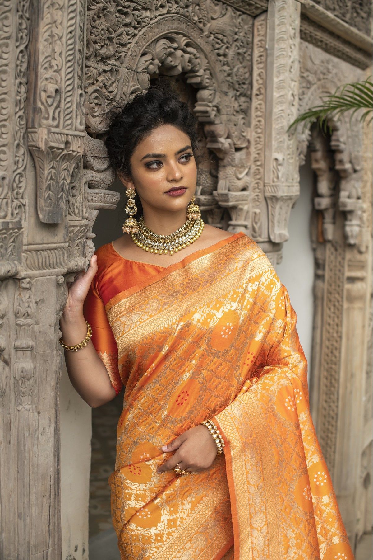 Orange and Pink color Banarasi sarees with menakari with rich pallu with  fancy jequard weaving blouse