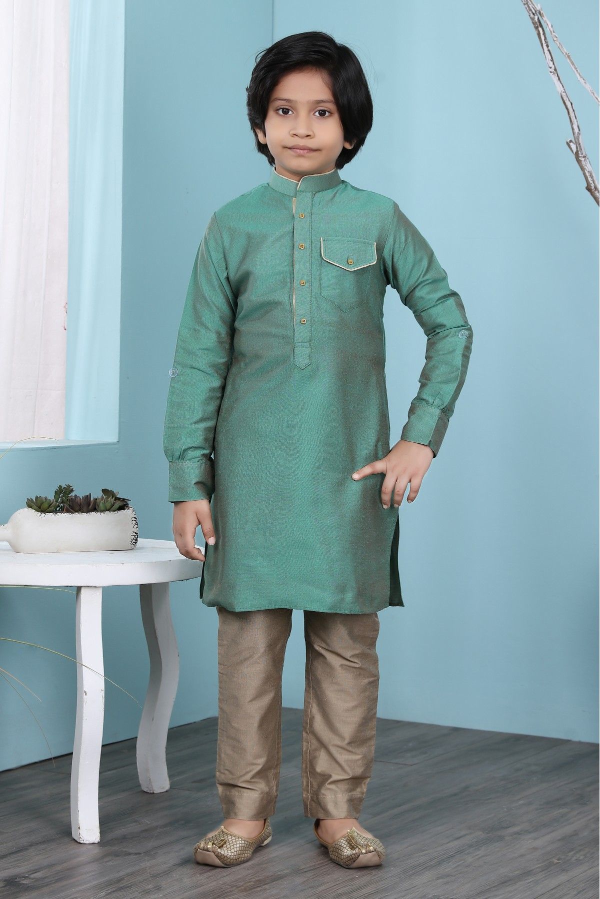 Cotton Silk Kurta Pajama In Green Colour - BK2710916