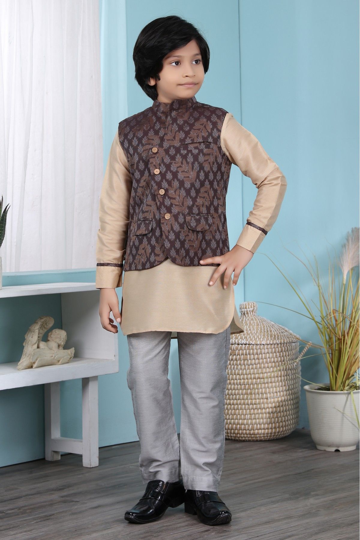 Cotton Silk Kurta Pajama With Jacket In Beige And Brown Colour - BK2710931