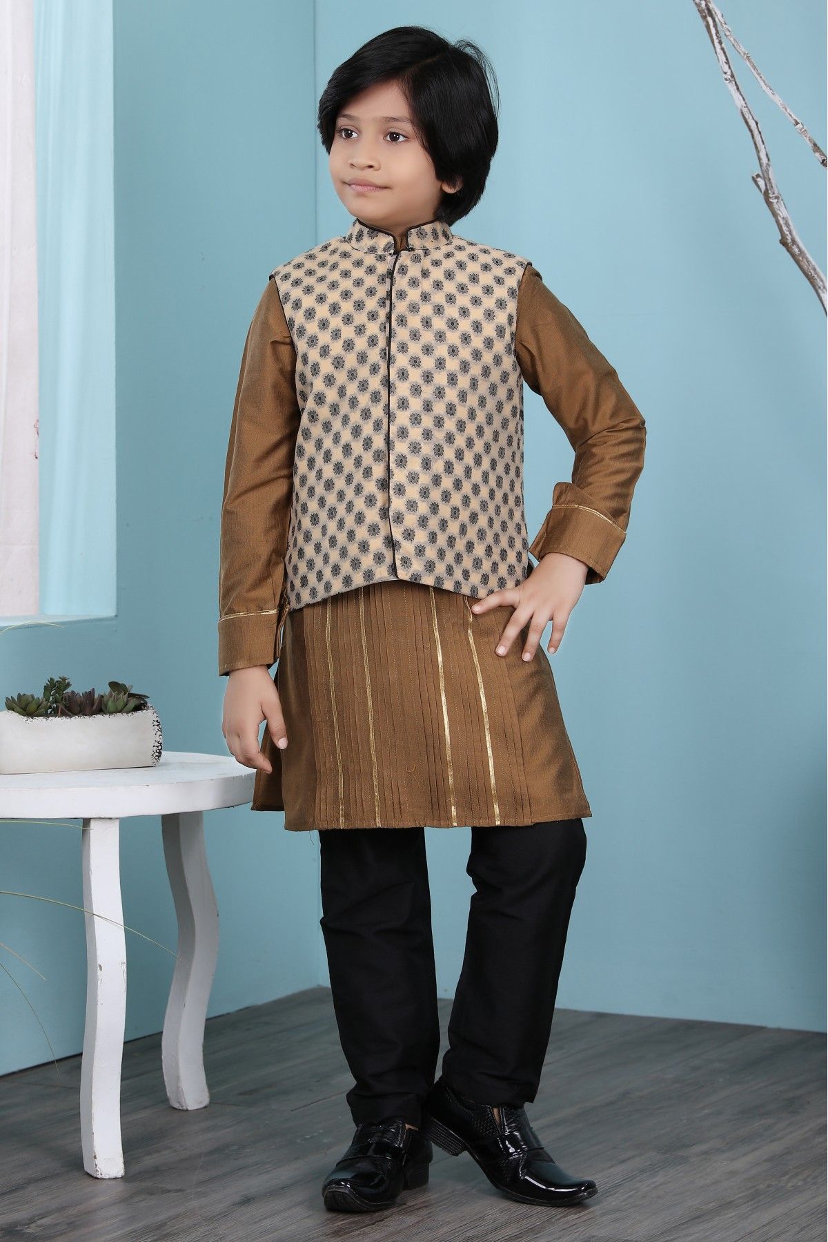 Cotton Silk Kurta Pajama With Jacket In Brown And Beige Colour - BK2710935