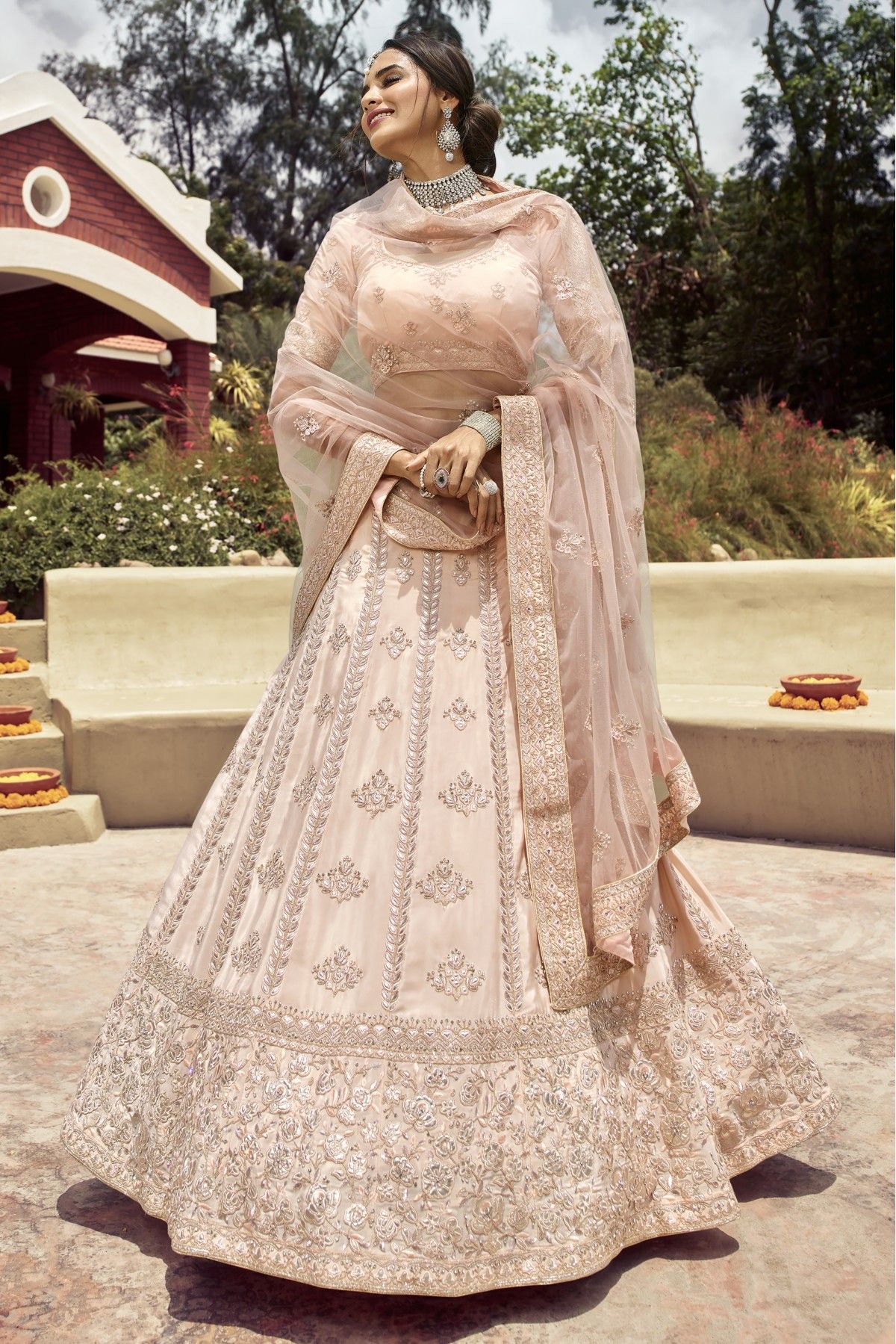 Baby Pink Color Crepe Fabric Sequins Work Lehenga With Net Dupatta