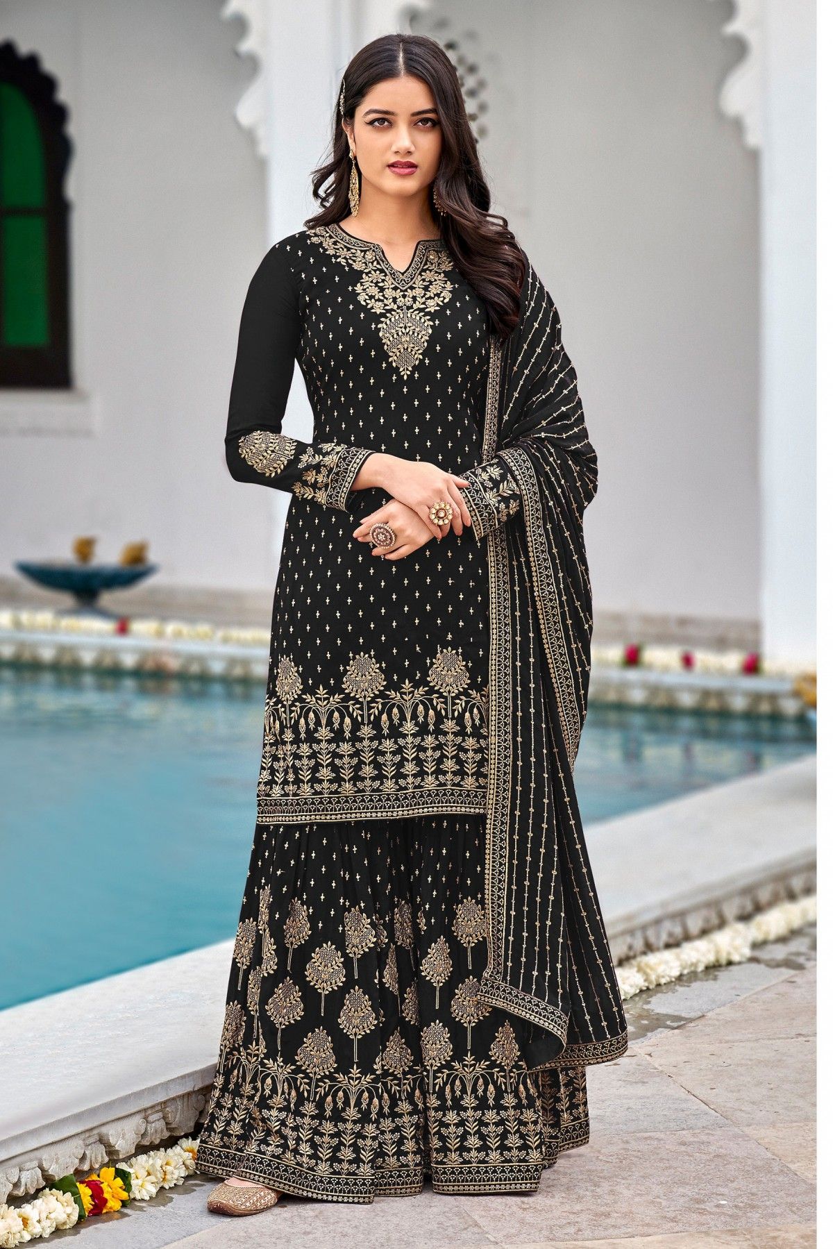 Gorgeous Black Heavy Designer Work Wedding Special Peplum Style Sharara Suit  - Indian Heavy Anarkali Lehenga Gowns Sharara Sarees Pakistani Dresses in  USA/UK/Canada/UAE - IndiaBoulevard