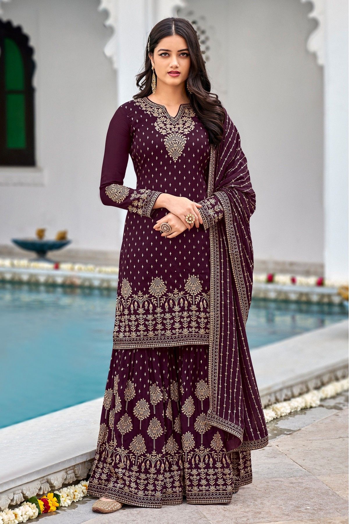 Faux Georgette Embroidery Sharara Suit In Purple Colour - SM5410243