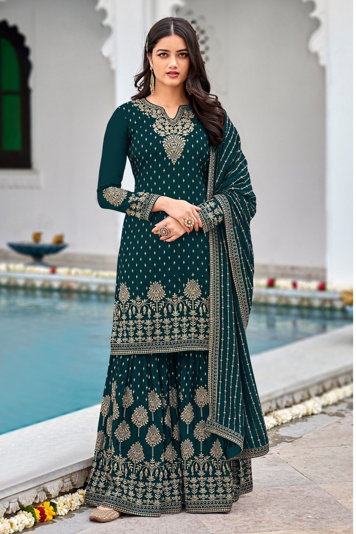 Teal Blue Art Silk Partywear High Slit Style Suit - Inddus.com