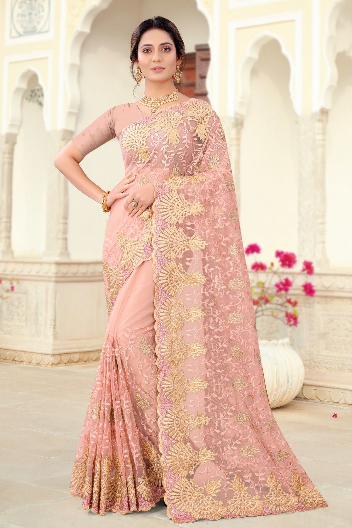 Net Embroidery Saree In Dusty Peach Colour - SR4690541