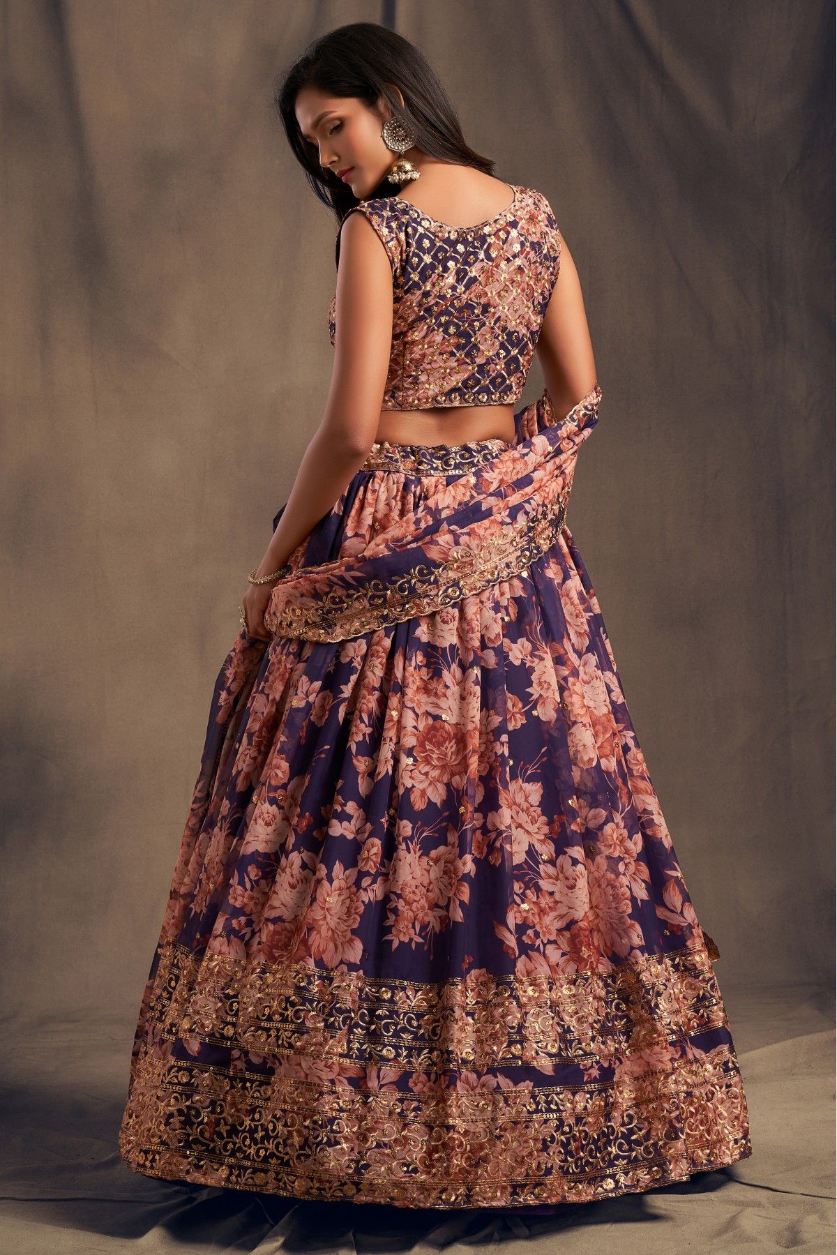 Embroidered Art Silk Jacquard Lehenga in Peach and Purple : LYC2907